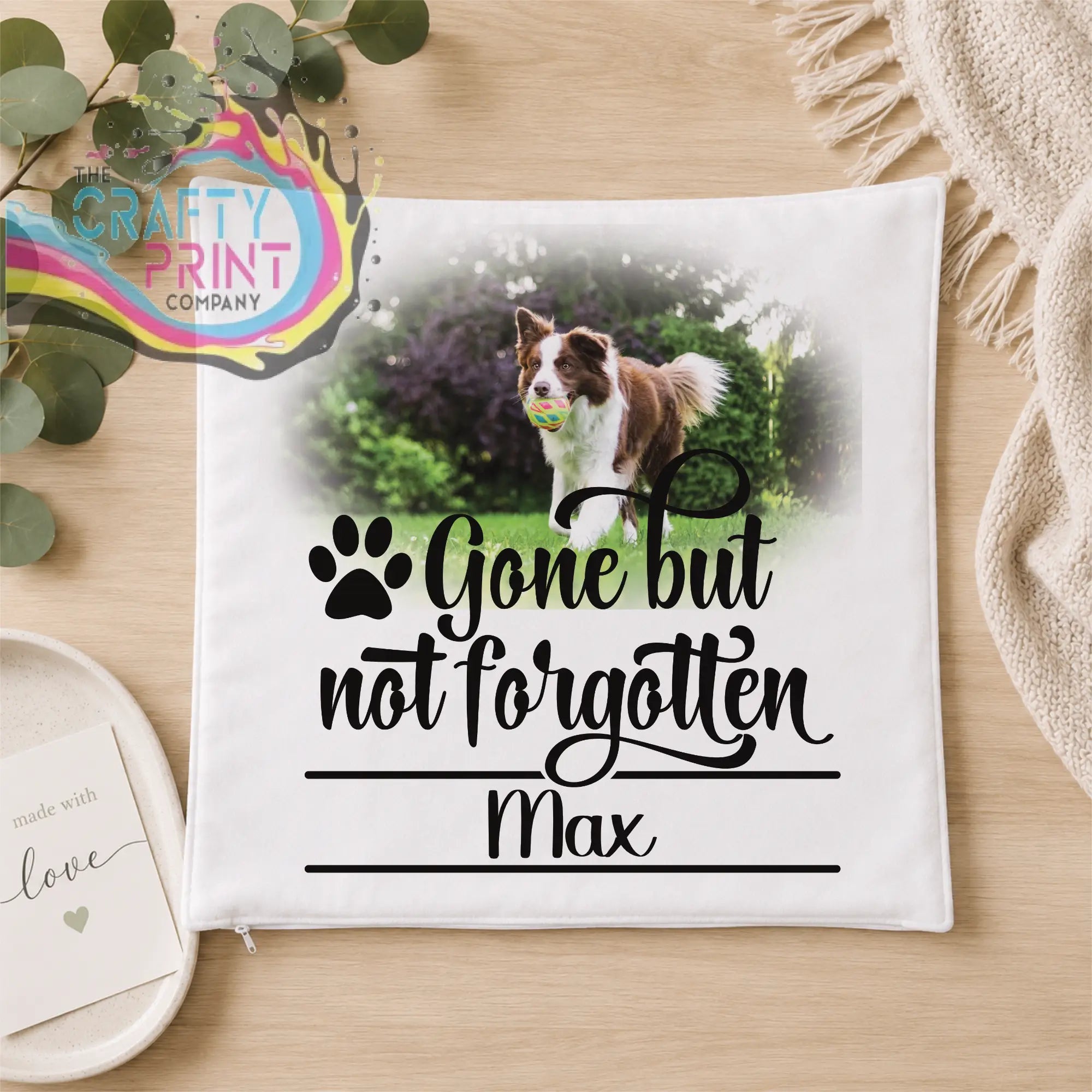 White square personalised cushion cover in premium sublivelvet with max border collie memorial and gone but not forgotten text