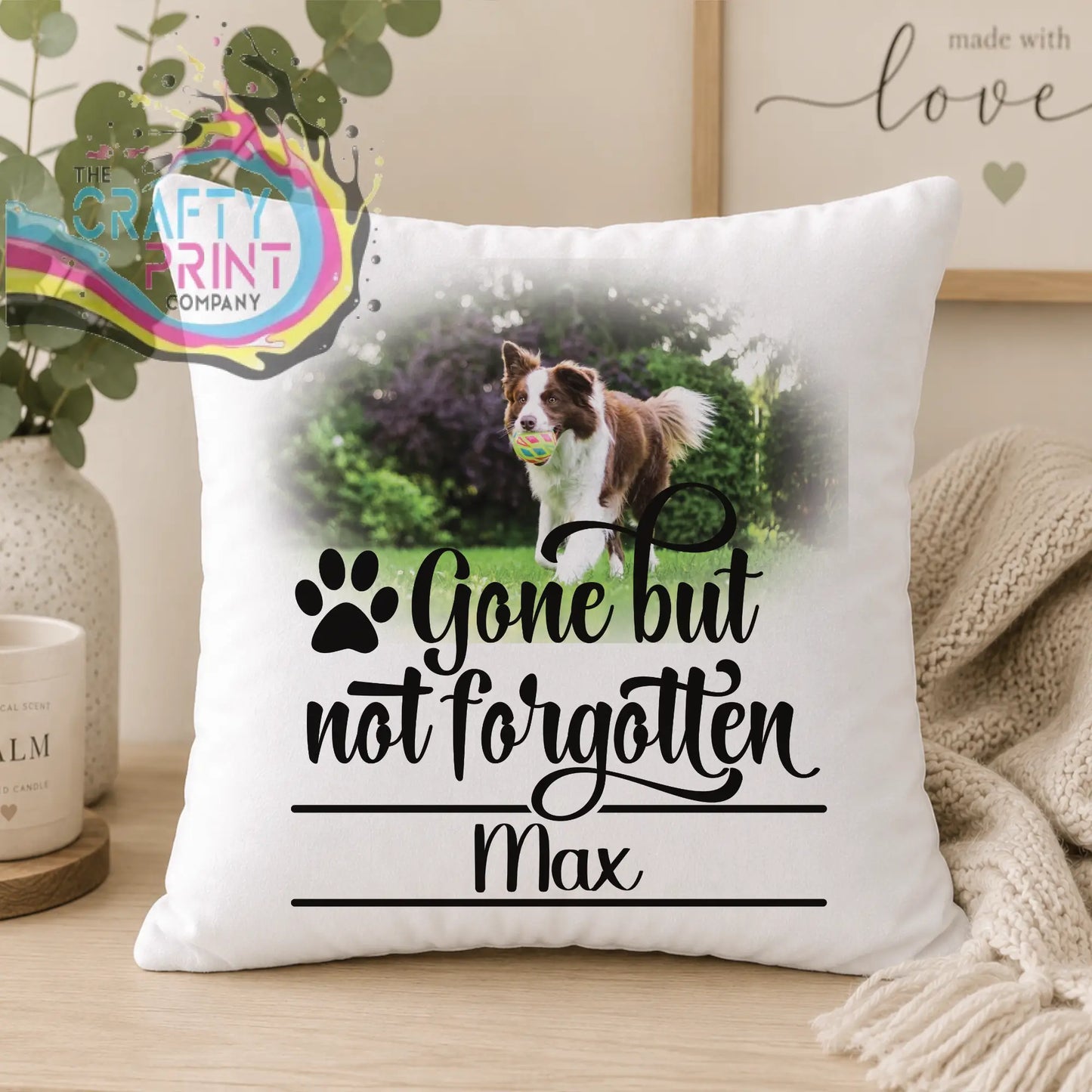 White square personalised cushion cover with a brown and white border collie max photo on premium sublivelvet