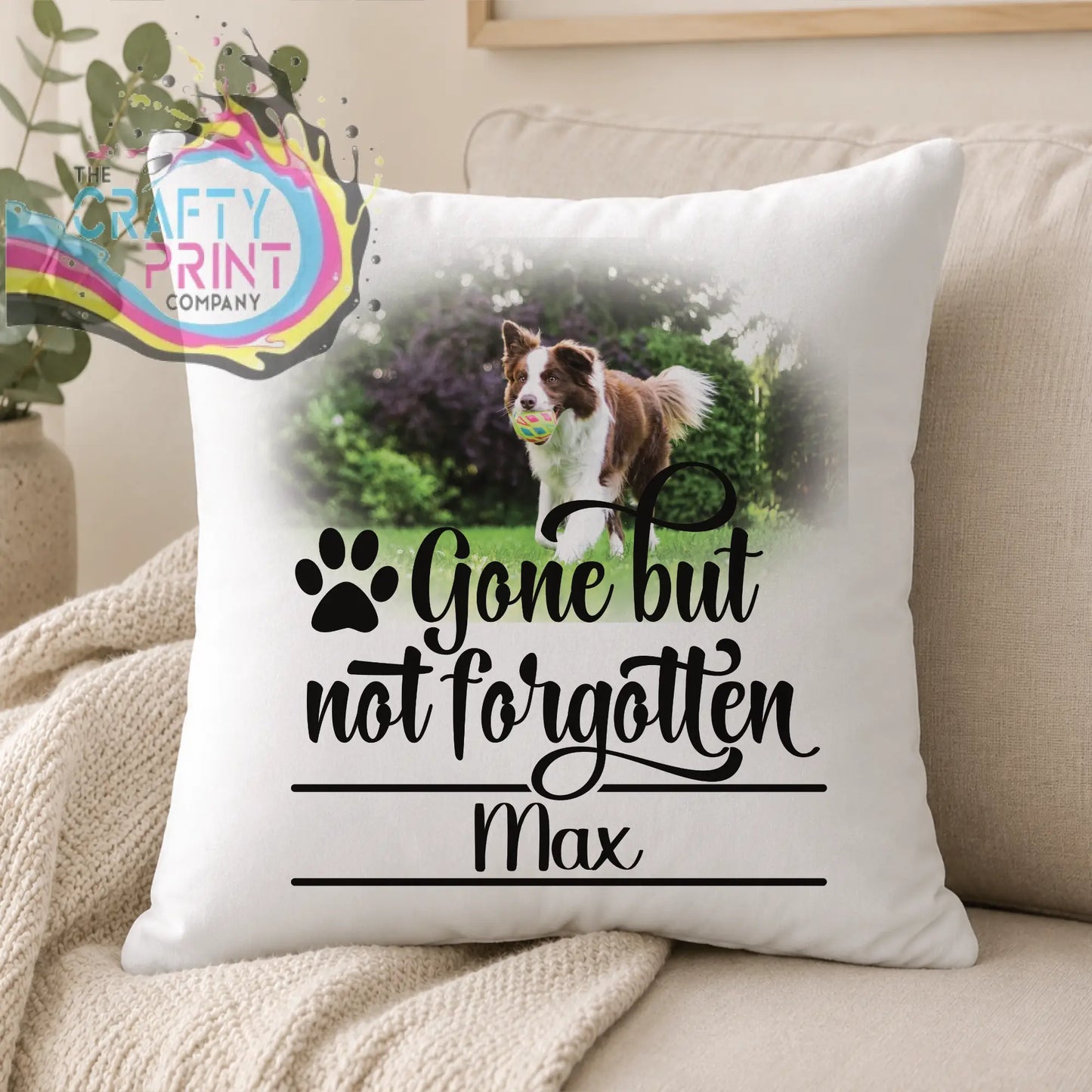 White throw pillow with personalised cushion cover in premium sublivelvet featuring border collie and memorial text max