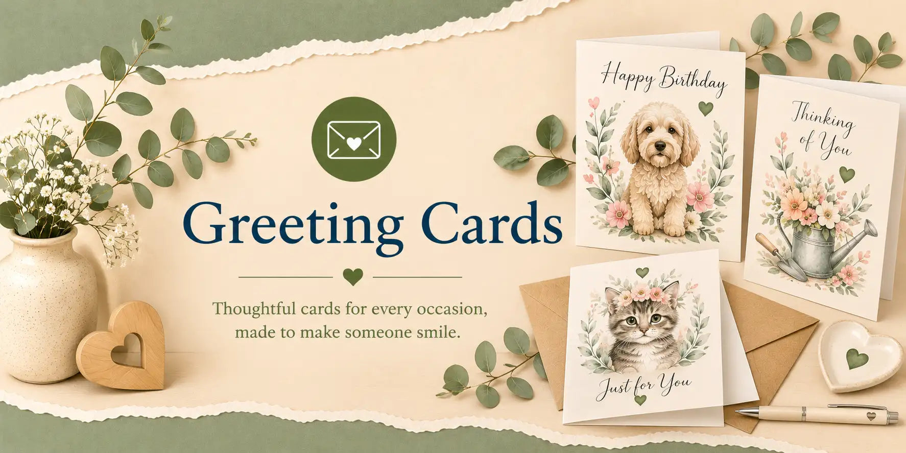 A charming collection of illustrated greeting cards featuring a fluffy puppy, a cat with floral wreath, and a watering can amidst pink blossoms.