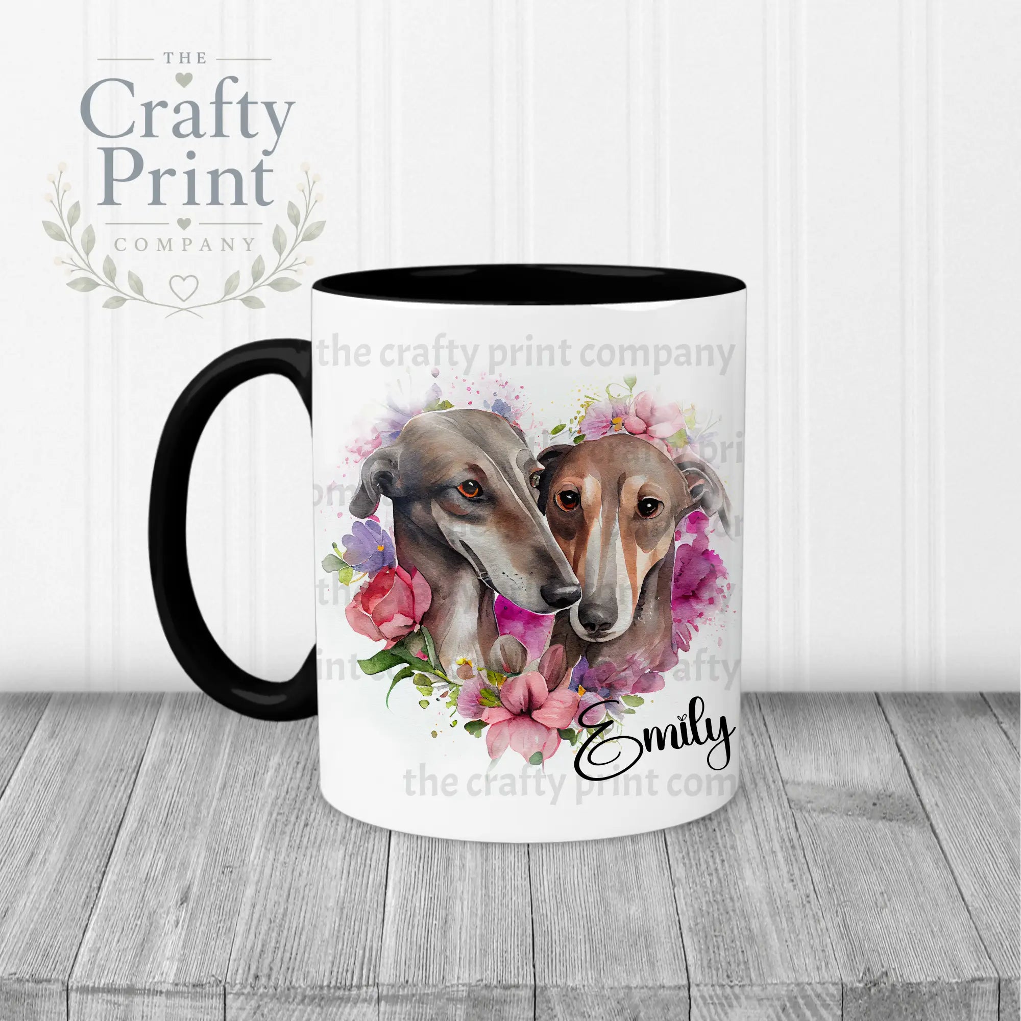 Greyhounds Floral Personalised Mug - Black Handle & Inner