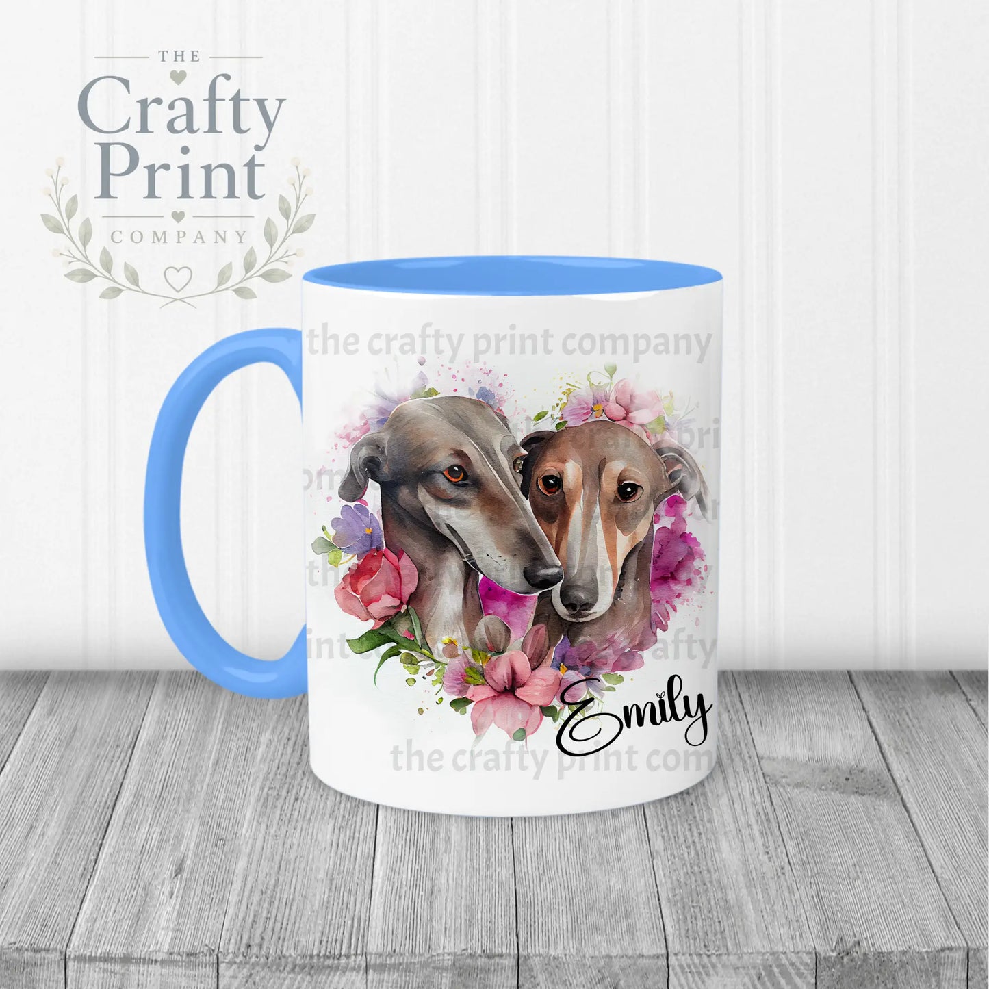 Greyhounds Floral Personalised Mug - Blue Handle & Inner