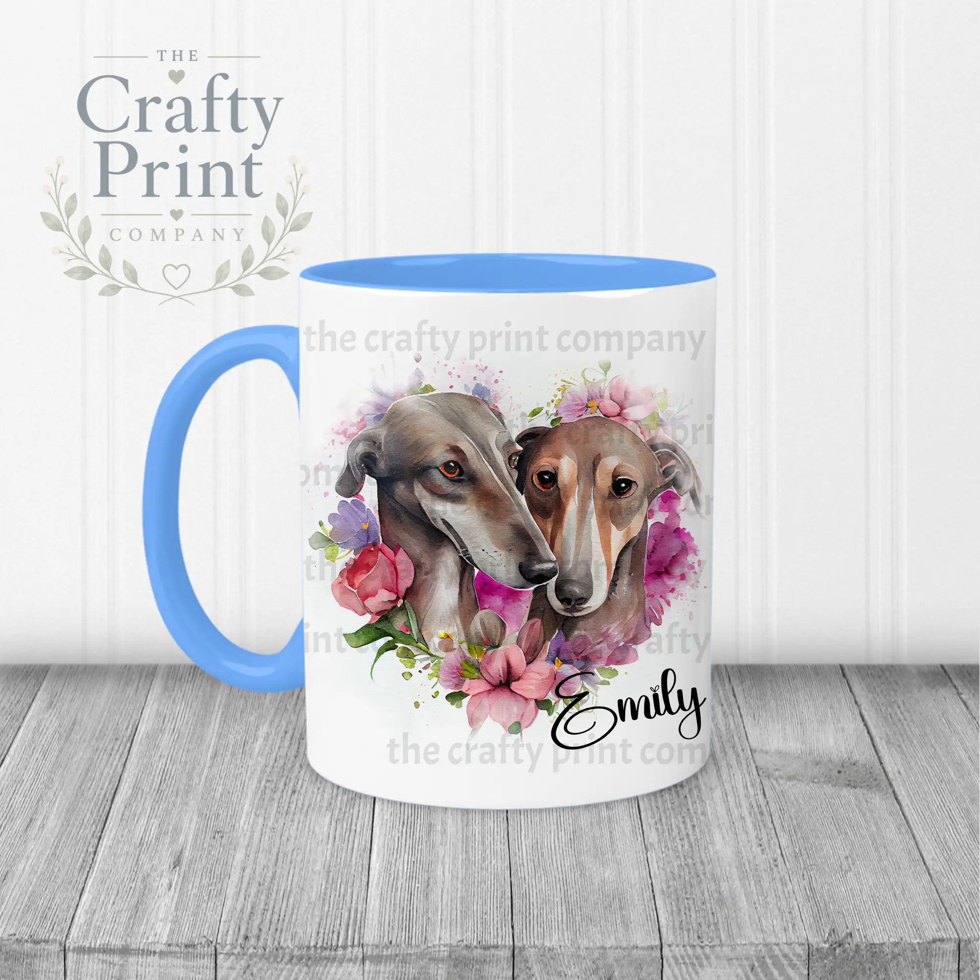 Greyhounds Floral Personalised Mug - Blue Handle & Inner