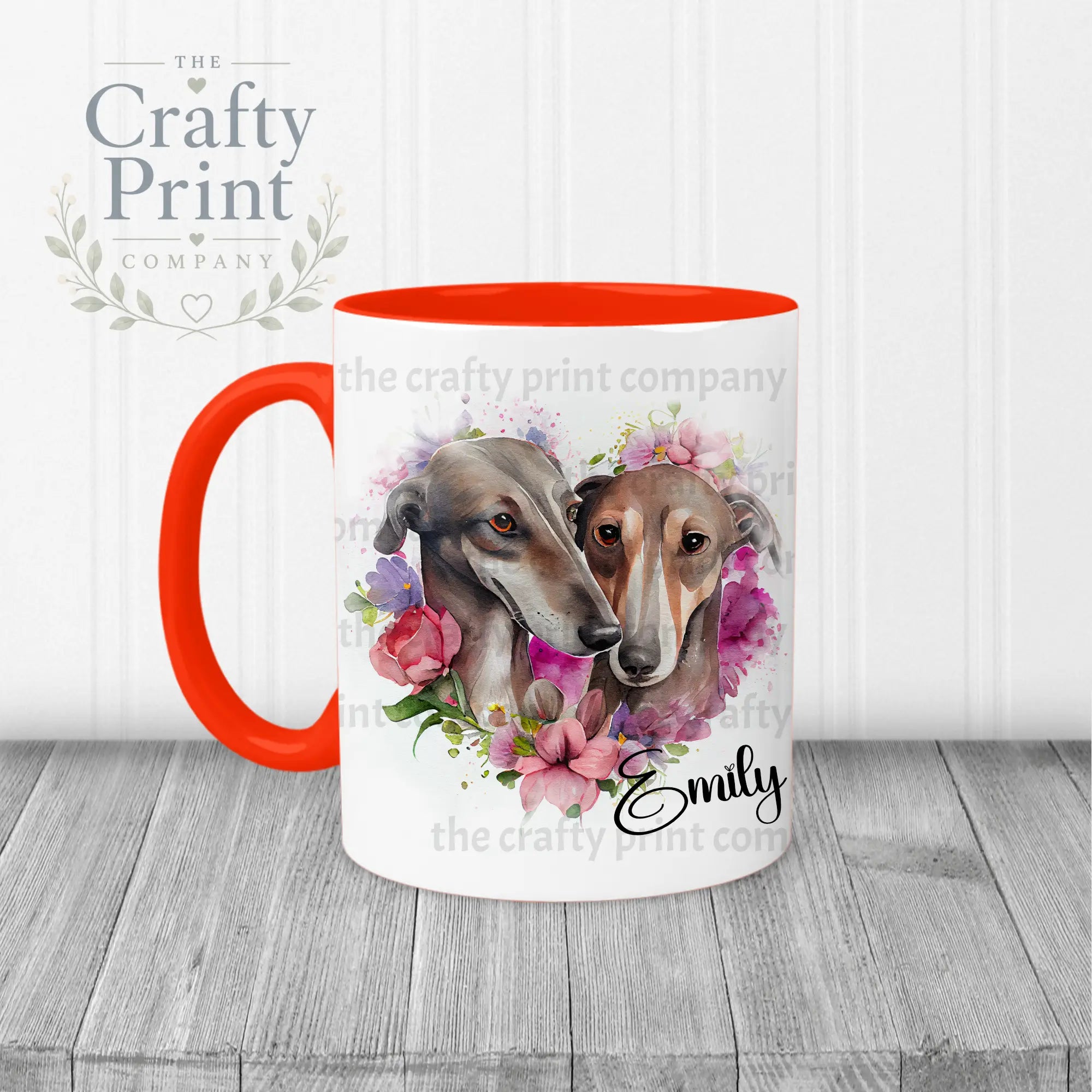 Greyhounds Floral Personalised Mug - Red Handle & Inner