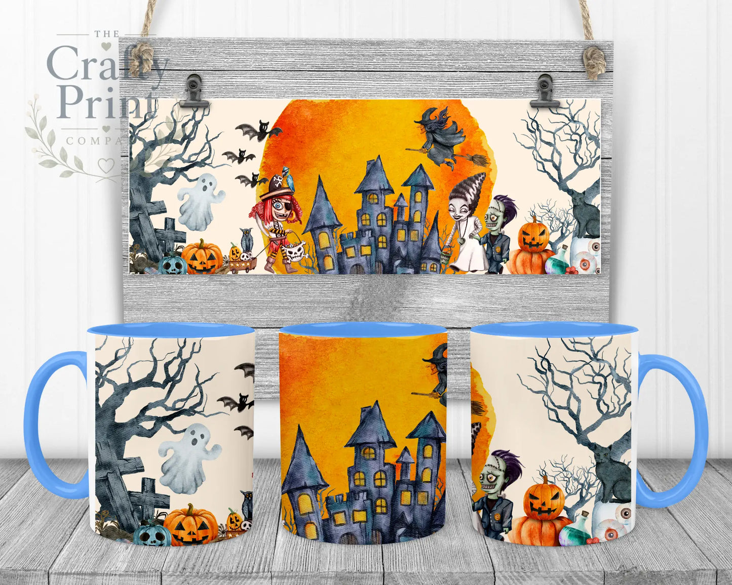 Halloween Scene V2 Mug - Blue Handle & Inner - Mugs