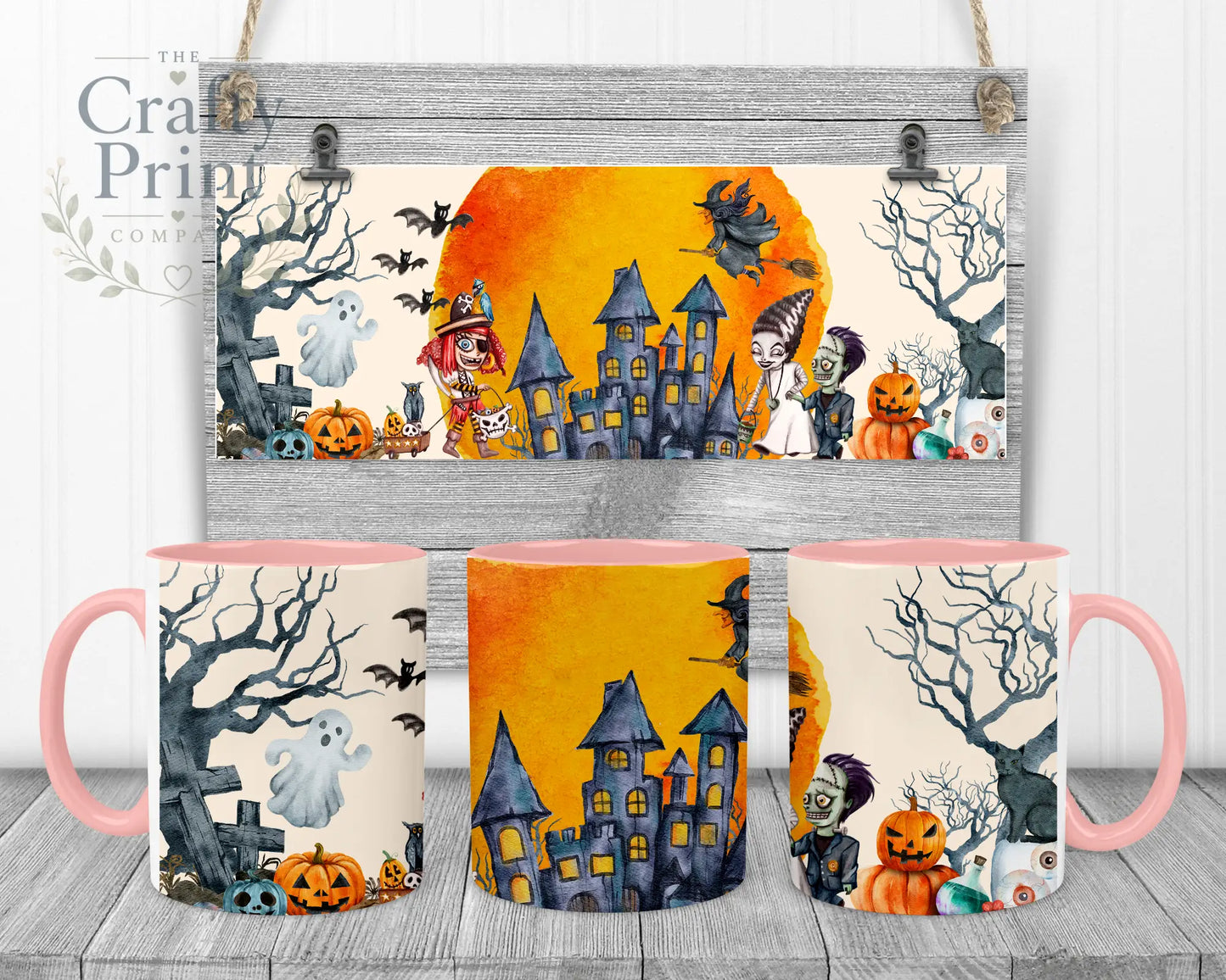 Halloween Scene V2 Mug - Pink Handle & Inner - Mugs