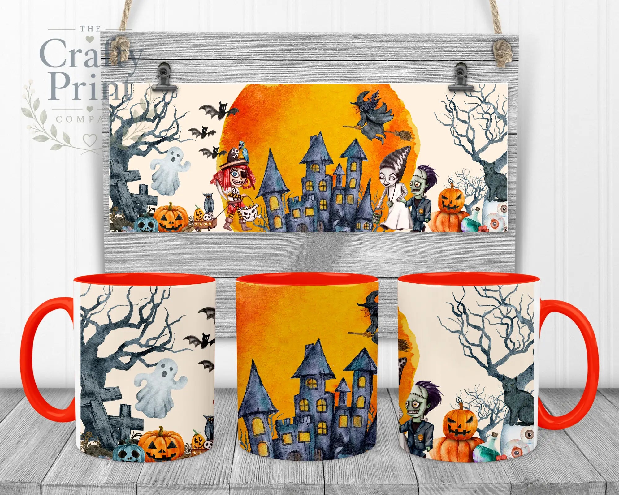 Halloween Scene V2 Mug - Red Handle & Inner - Mugs