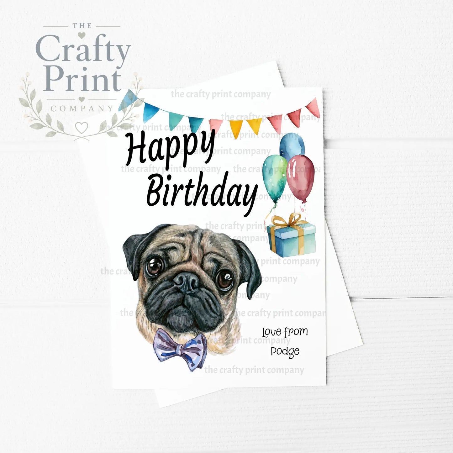 Happy Birthday Balloon Pug A5 Greeting Card - & Note Cards