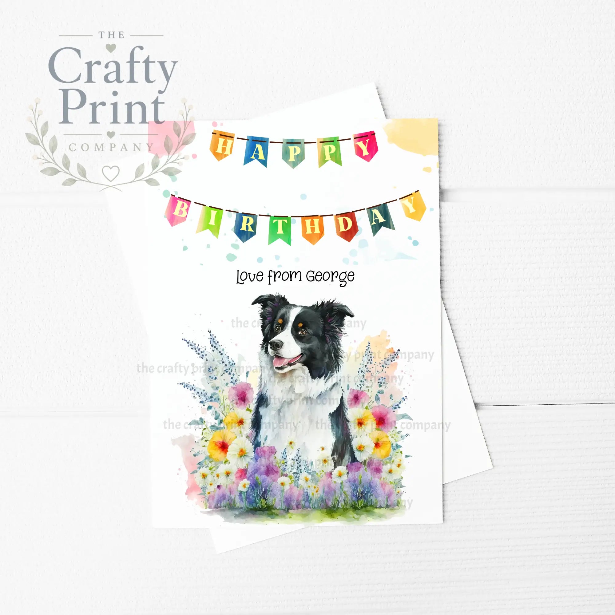 Happy Birthday Bunting Border Collie Flowers A5 Card