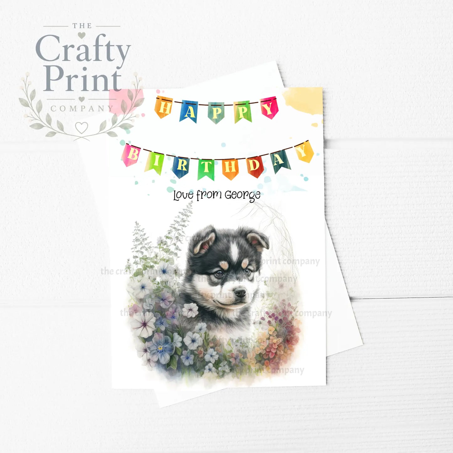 Happy Birthday Bunting Dark Malamute Puppy Flowers A5 Card