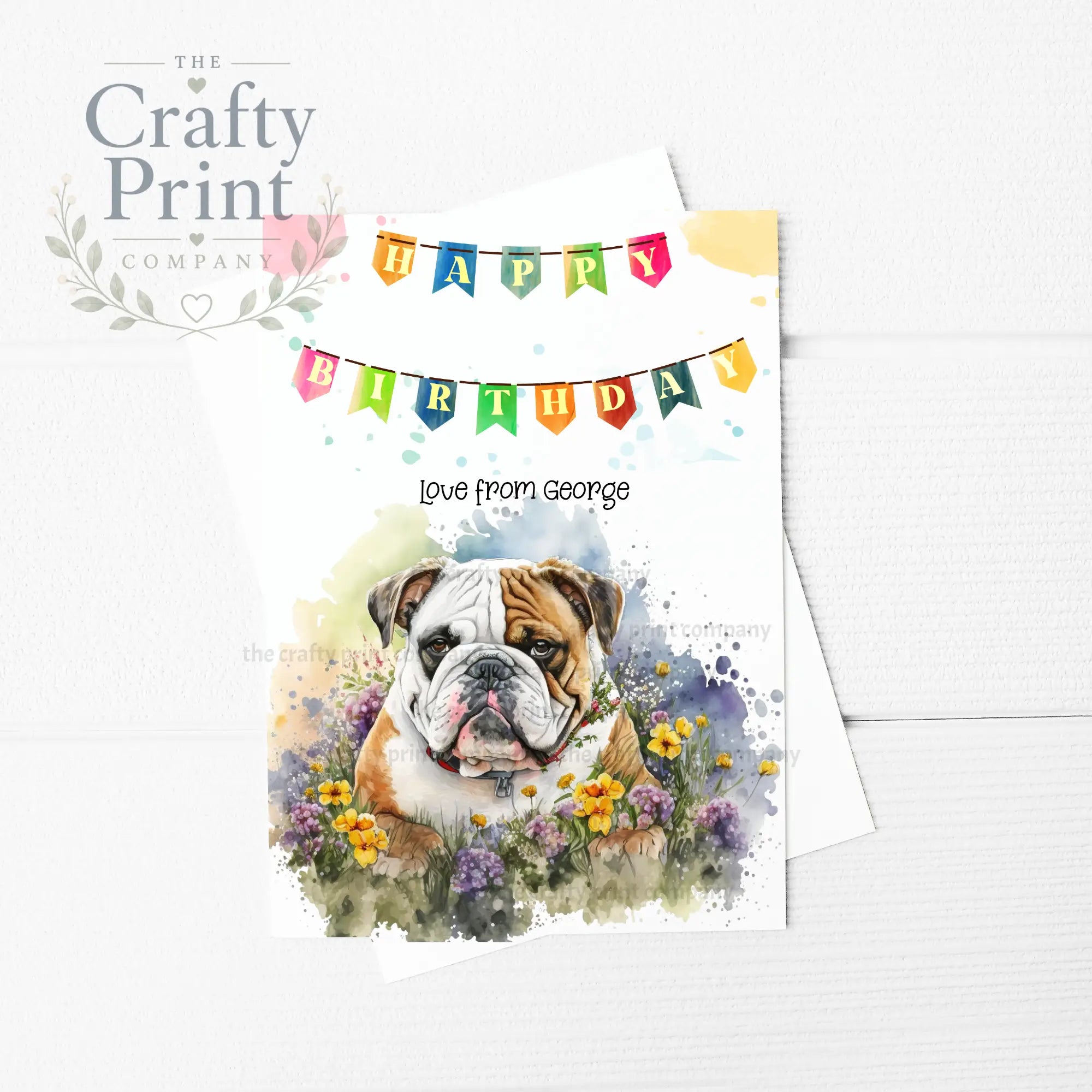 Happy Birthday Bunting English Bulldog Flowers A5 Card