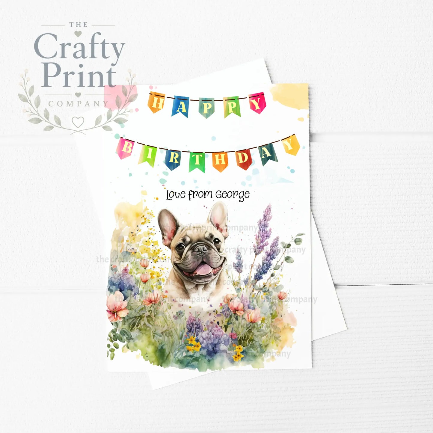 Happy Birthday Bunting French Bulldog Flowers A5 Card