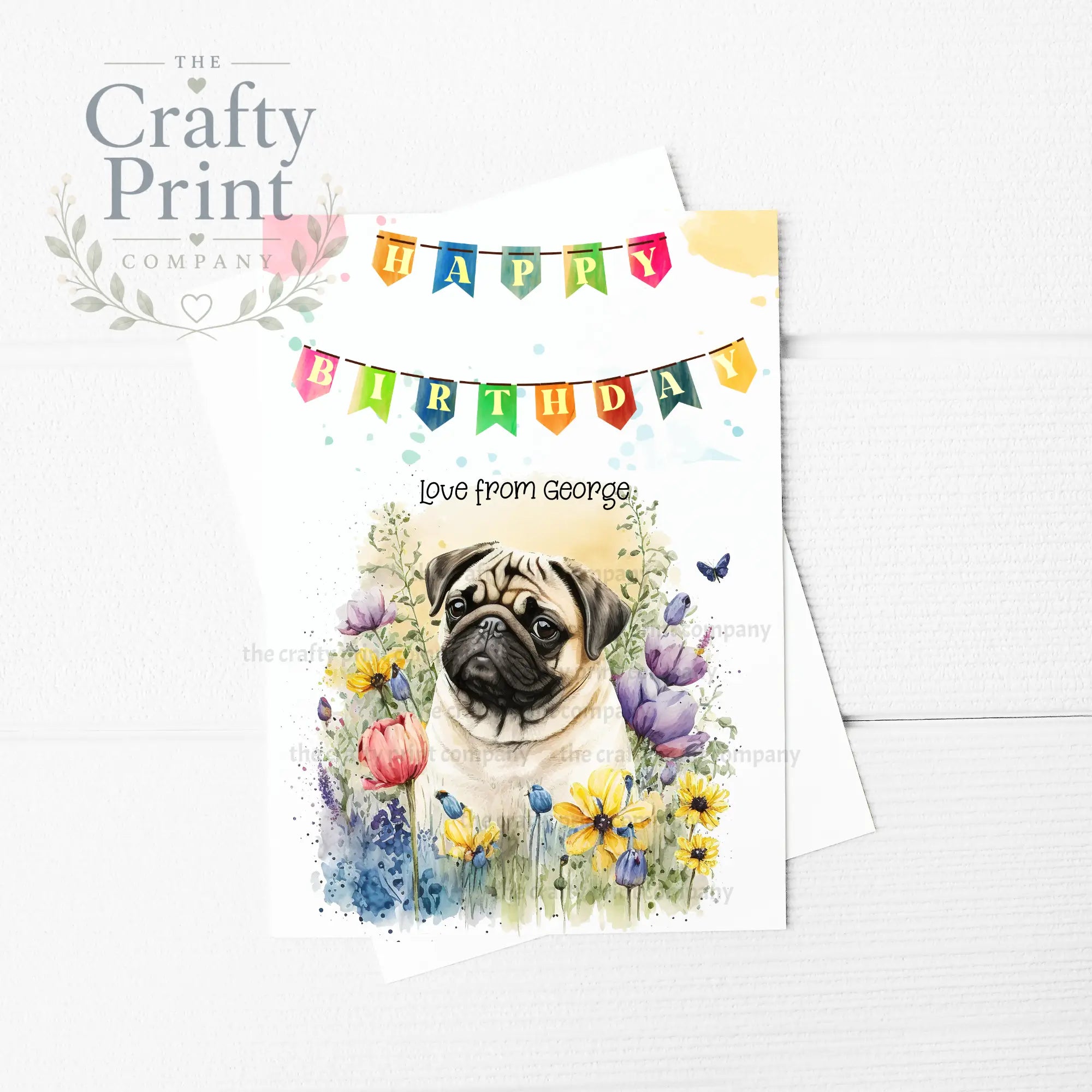 Happy Birthday Bunting Pug Flowers A5 Greeting Card - &