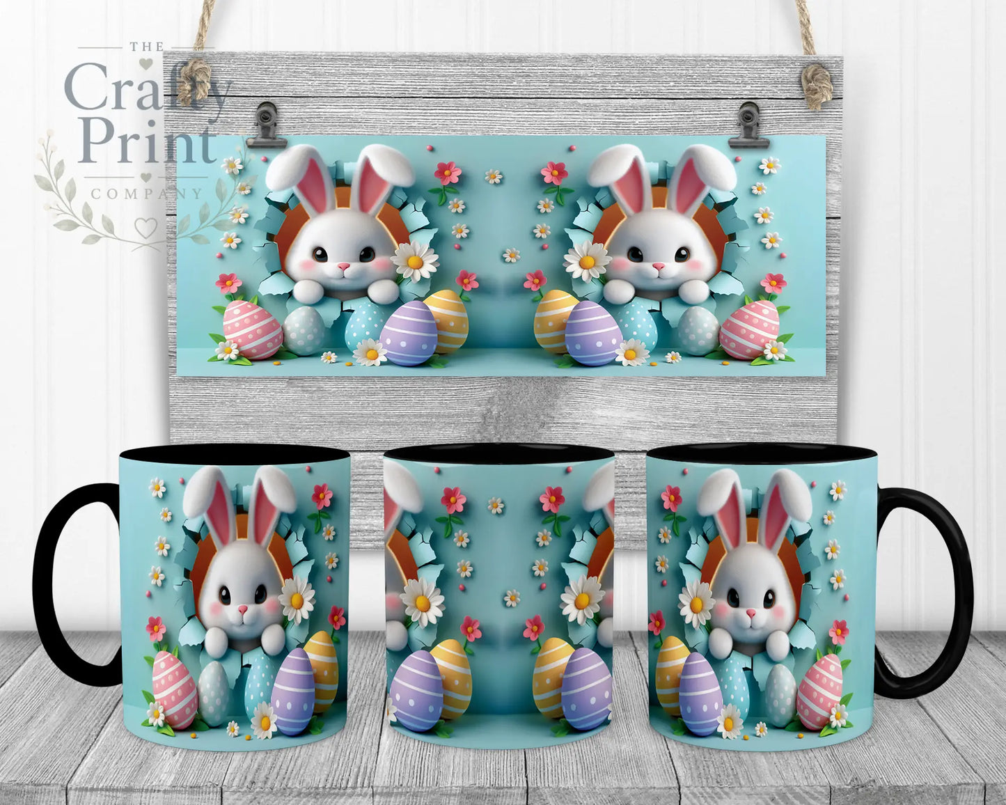 Happy Easter 3D Blue Design Rabbit Mug - Black Handle &