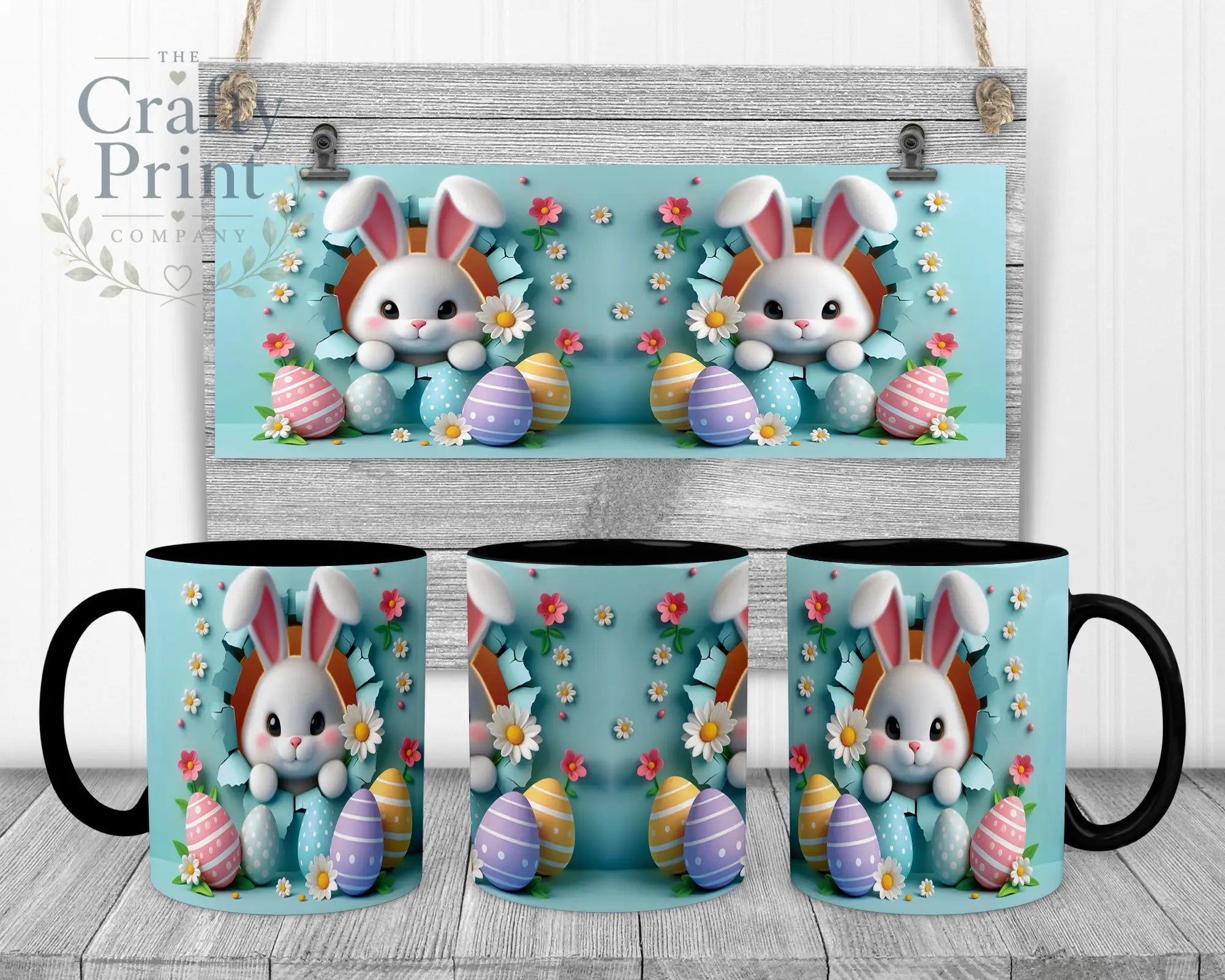 Happy Easter 3D Blue Design Rabbit Mug - Black Handle &