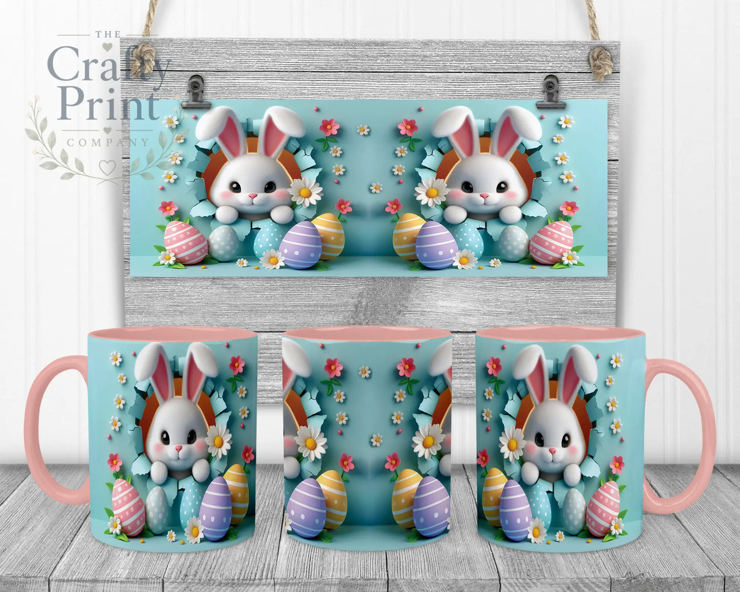 Happy Easter 3D Blue Design Rabbit Mug - Pink Handle &