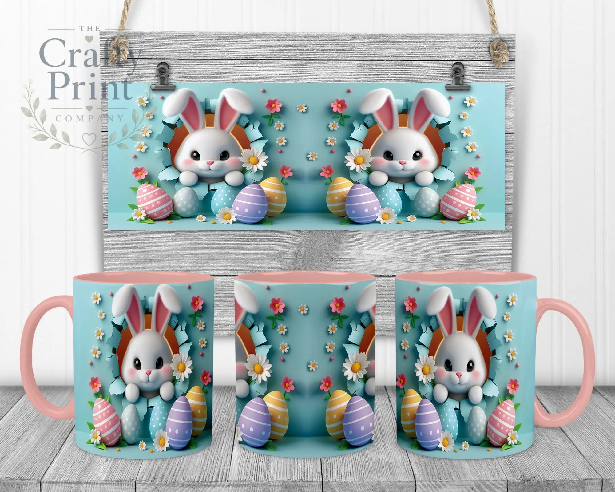 Happy Easter 3D Blue Design Rabbit Mug - Pink Handle &