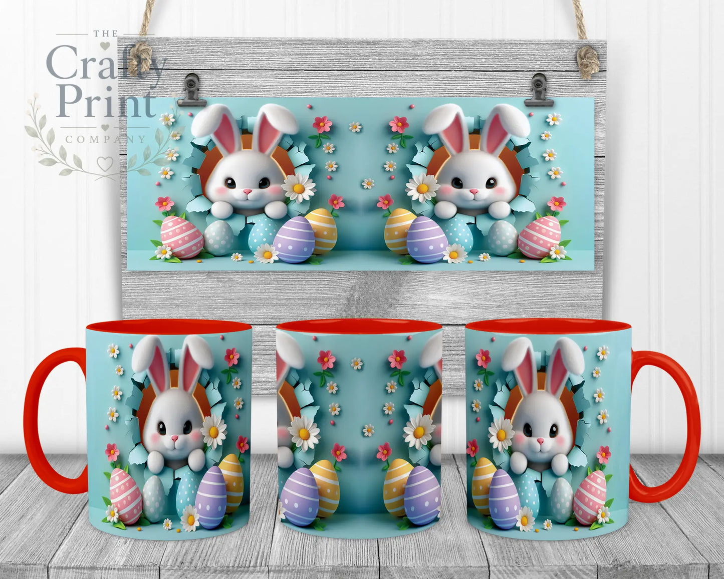 Happy Easter 3D Blue Design Rabbit Mug - Red Handle & Inner