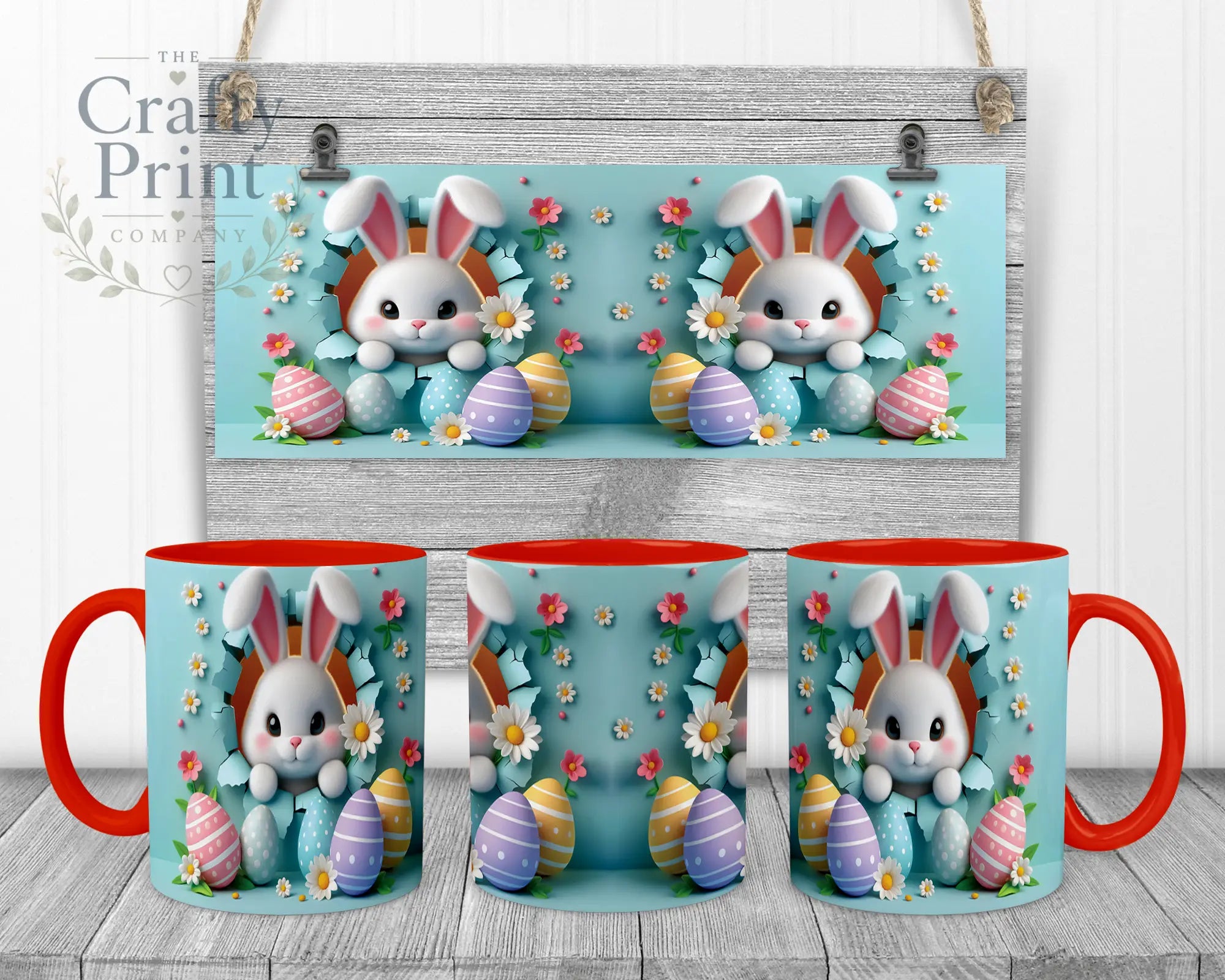 Happy Easter 3D Blue Design Rabbit Mug - Red Handle & Inner