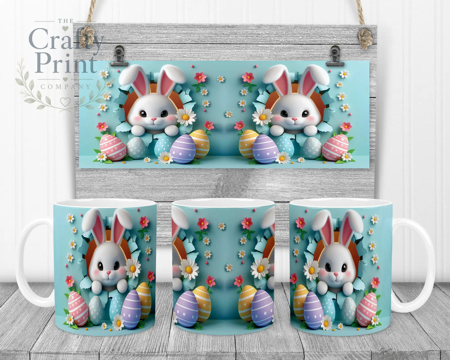 Happy Easter 3D Blue Design Rabbit Mug - White Handle &