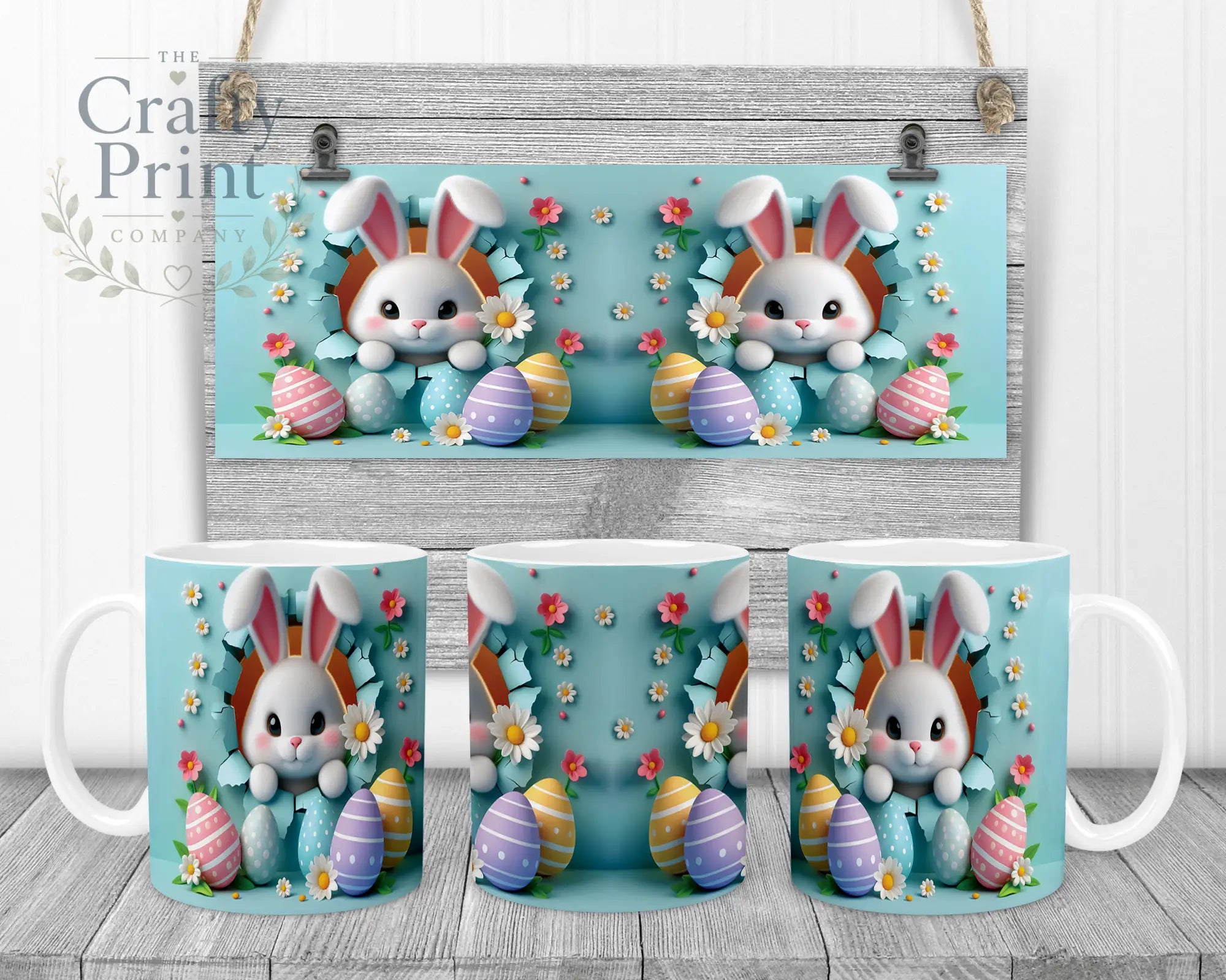 Happy Easter 3D Blue Design Rabbit Mug - White Handle &