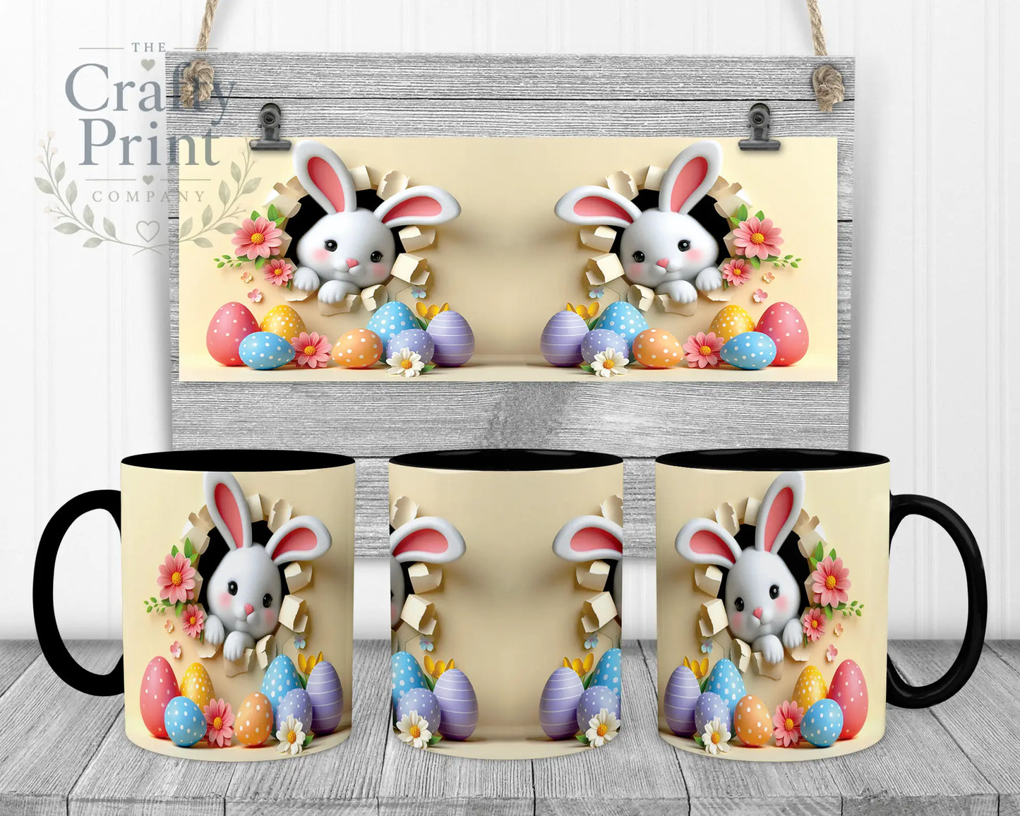 Happy Easter 3D Yellow Design Rabbit Mug - Black Handle &