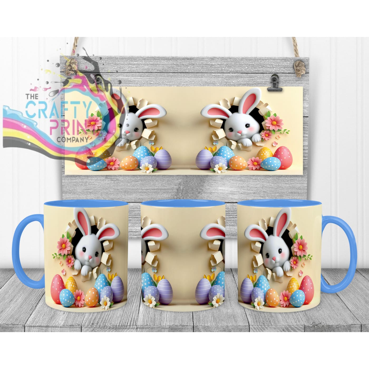 Happy Easter 3D Yellow Design Rabbit Mug - Blue Handle &