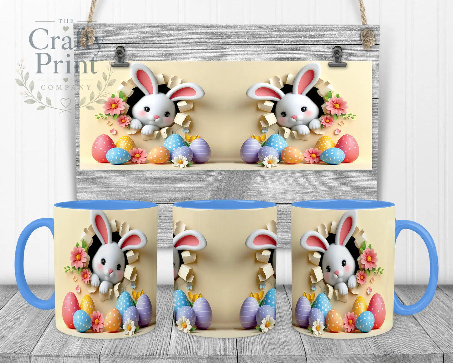 Happy Easter 3D Yellow Design Rabbit Mug - Blue Handle &