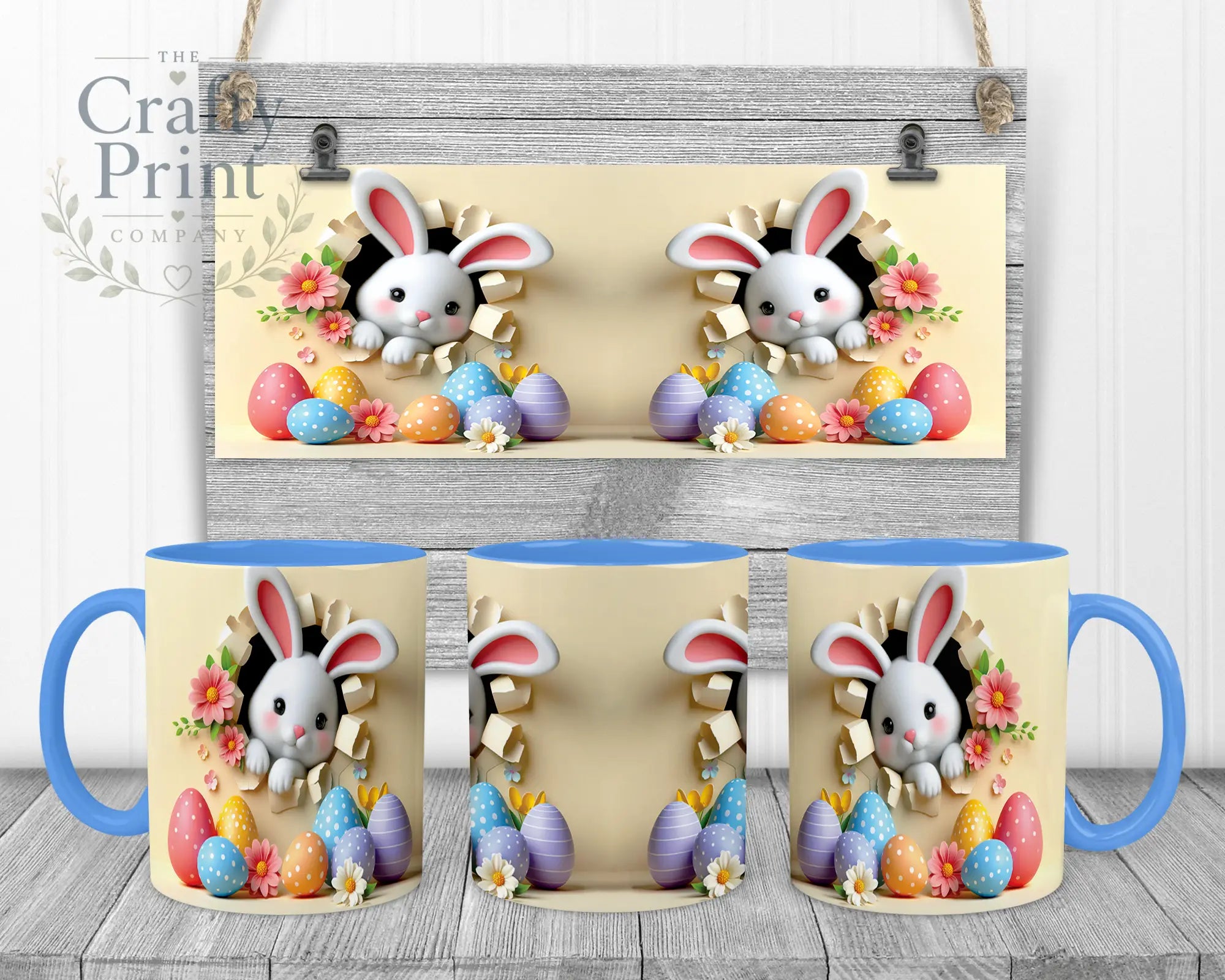 Happy Easter 3D Yellow Design Rabbit Mug - Blue Handle &