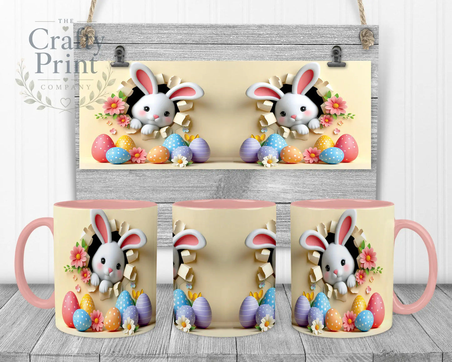 Happy Easter 3D Yellow Design Rabbit Mug - Pink Handle &