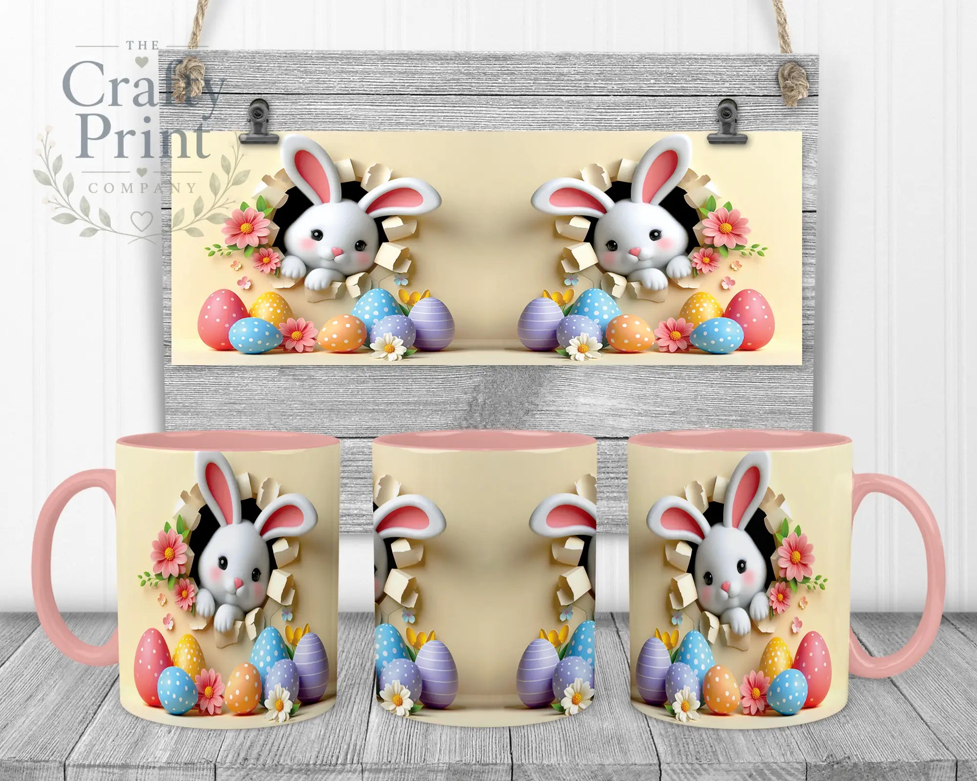 Happy Easter 3D Yellow Design Rabbit Mug - Pink Handle &
