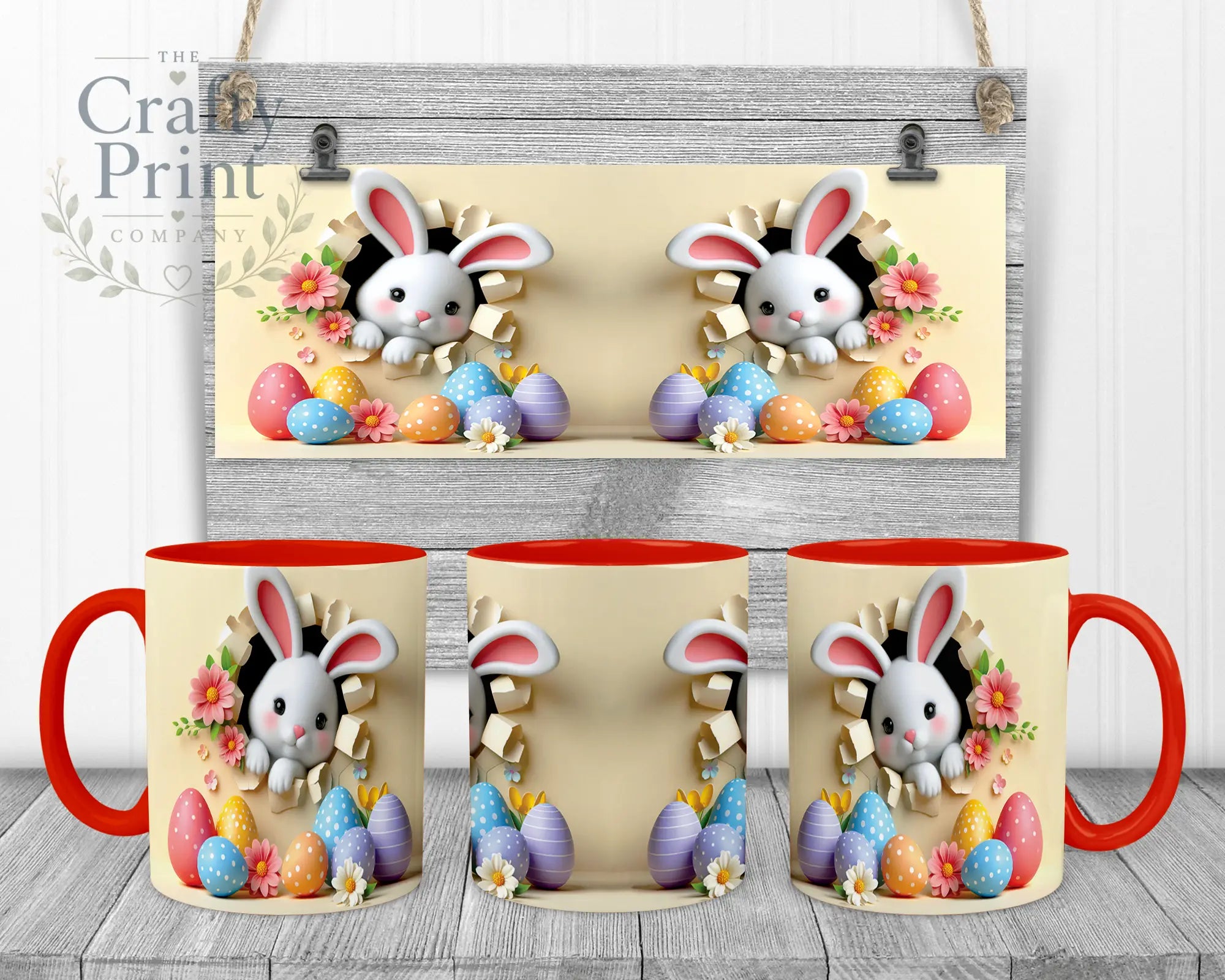 Happy Easter 3D Yellow Design Rabbit Mug - Red Handle &
