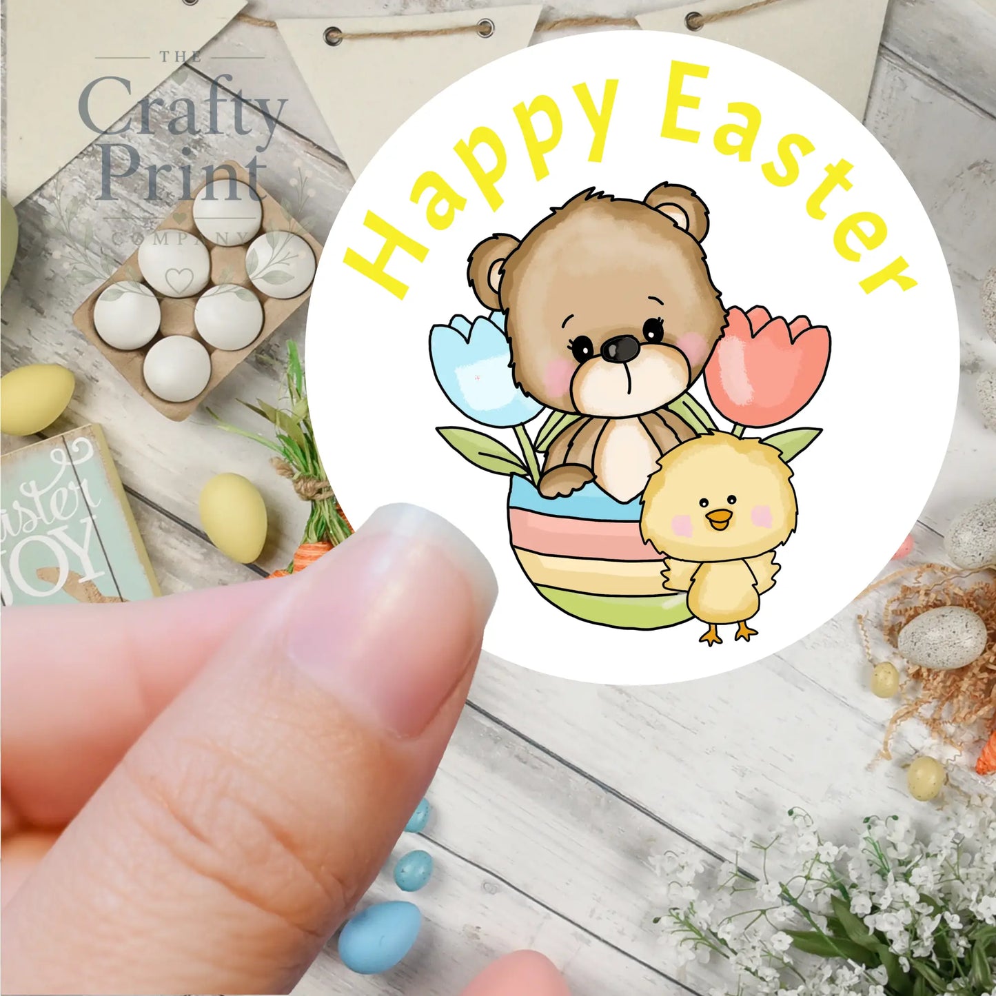Happy Easter Bear Chick Printed Sticker - Decorative