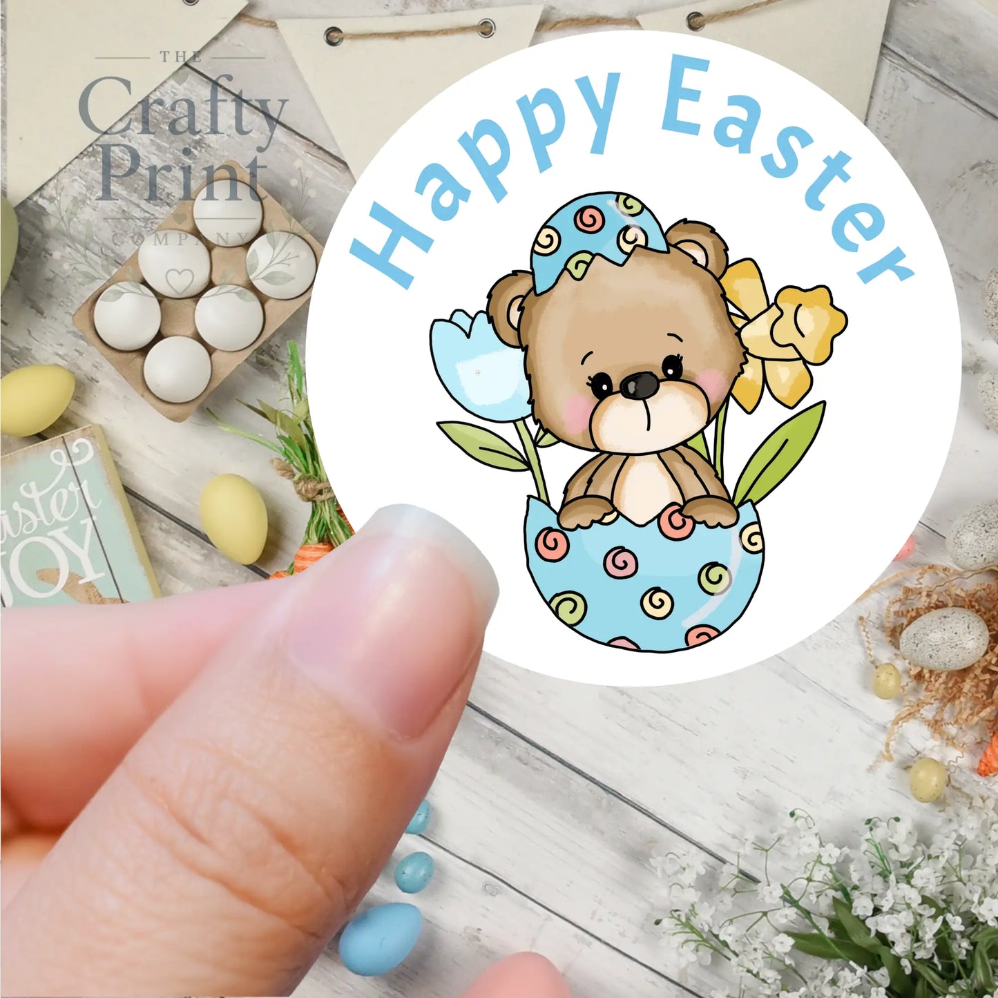 Happy Easter Blue Bear Printed Sticker - Decorative Stickers