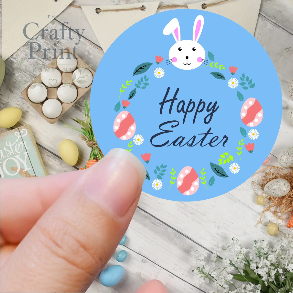 Happy Easter Blue Bunny Printed Sticker - Decorative