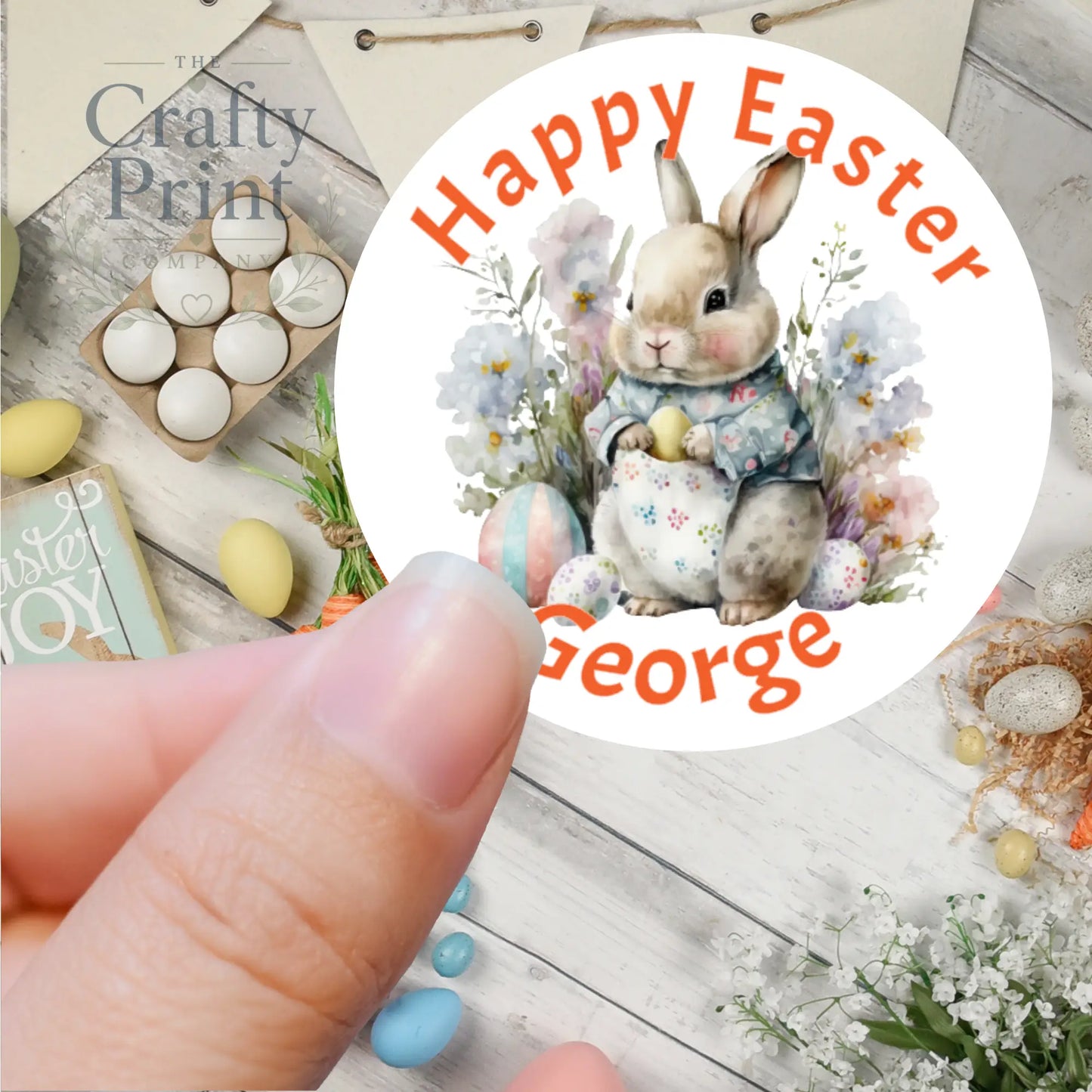 Happy Easter Personalised Bunny Flowers Printed Sticker