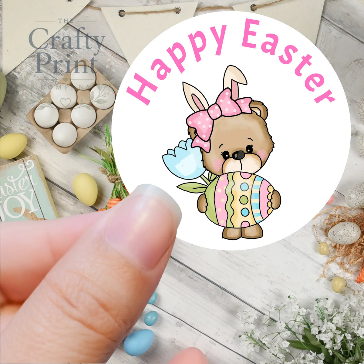 Happy Easter Pink Bear Printed Sticker - Decorative Stickers