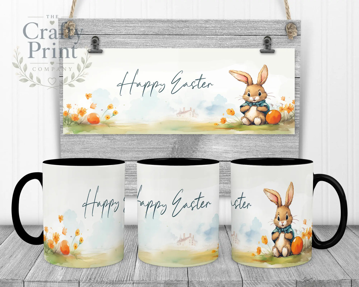 Happy Easter Rabbit Mug - Black Handle & Inner - Mugs