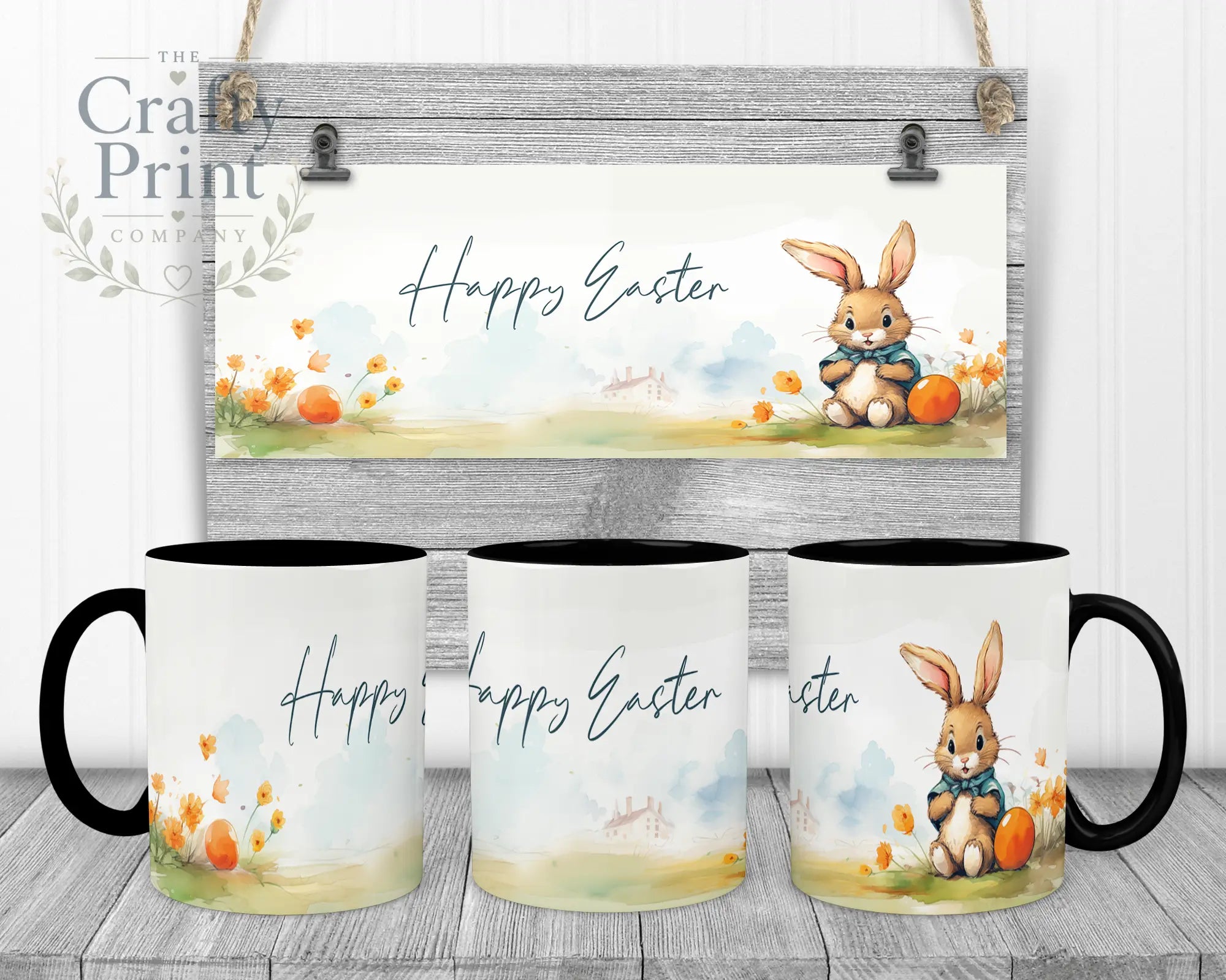 Happy Easter Rabbit Mug - Black Handle & Inner - Mugs