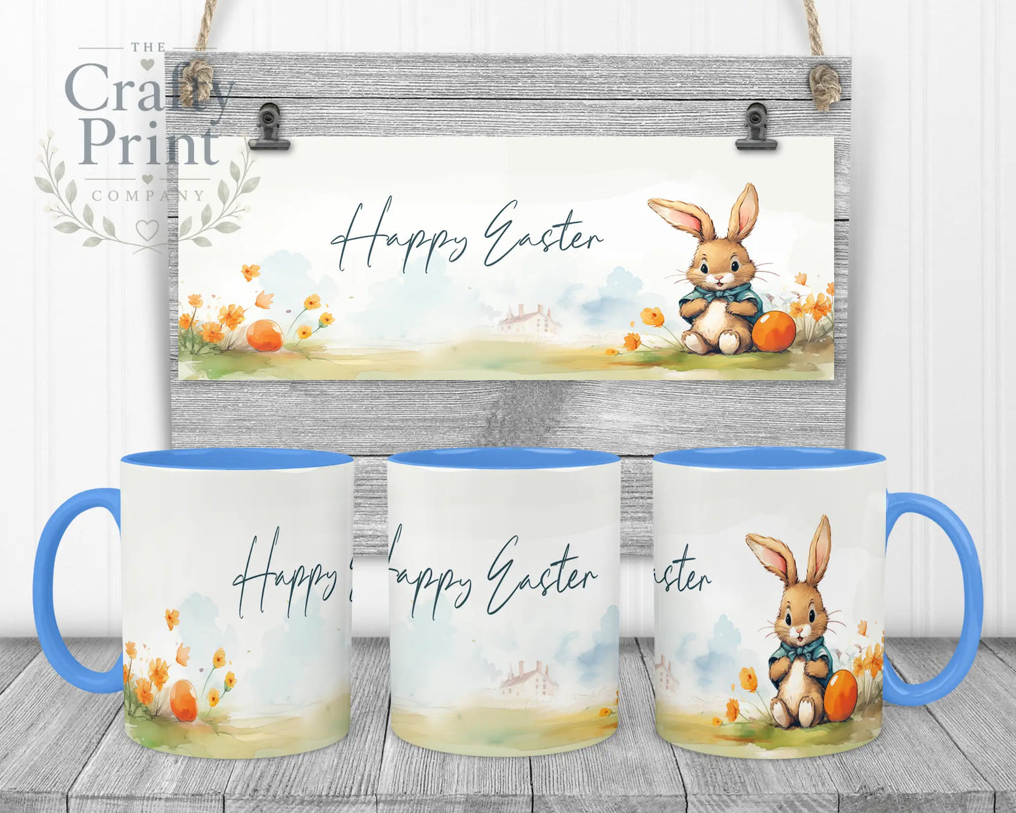 Happy Easter Rabbit Mug - Blue Handle & Inner - Mugs
