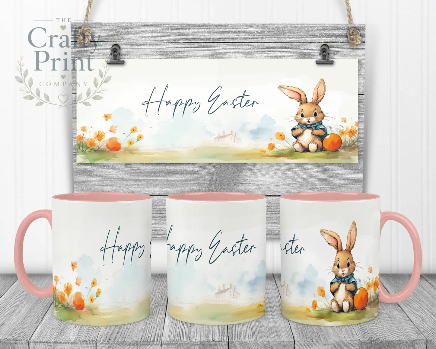 Happy Easter Rabbit Mug - Pink Handle & Inner - Mugs