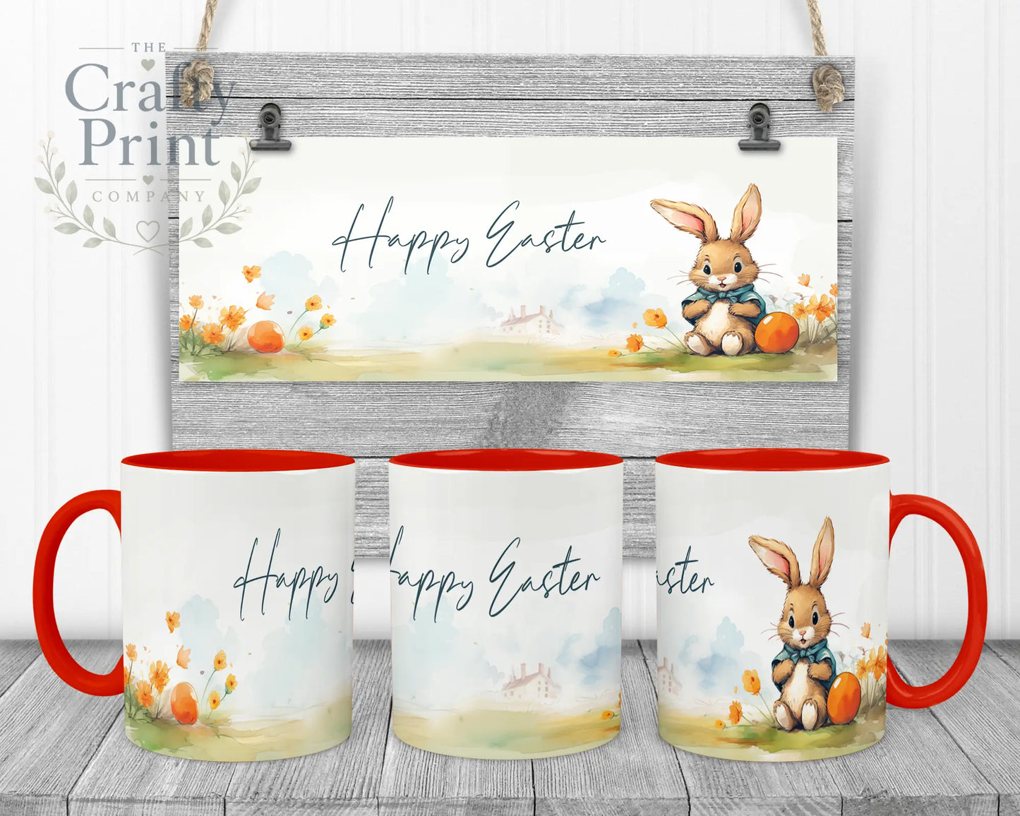 Happy Easter Rabbit Mug - Red Handle & Inner - Mugs
