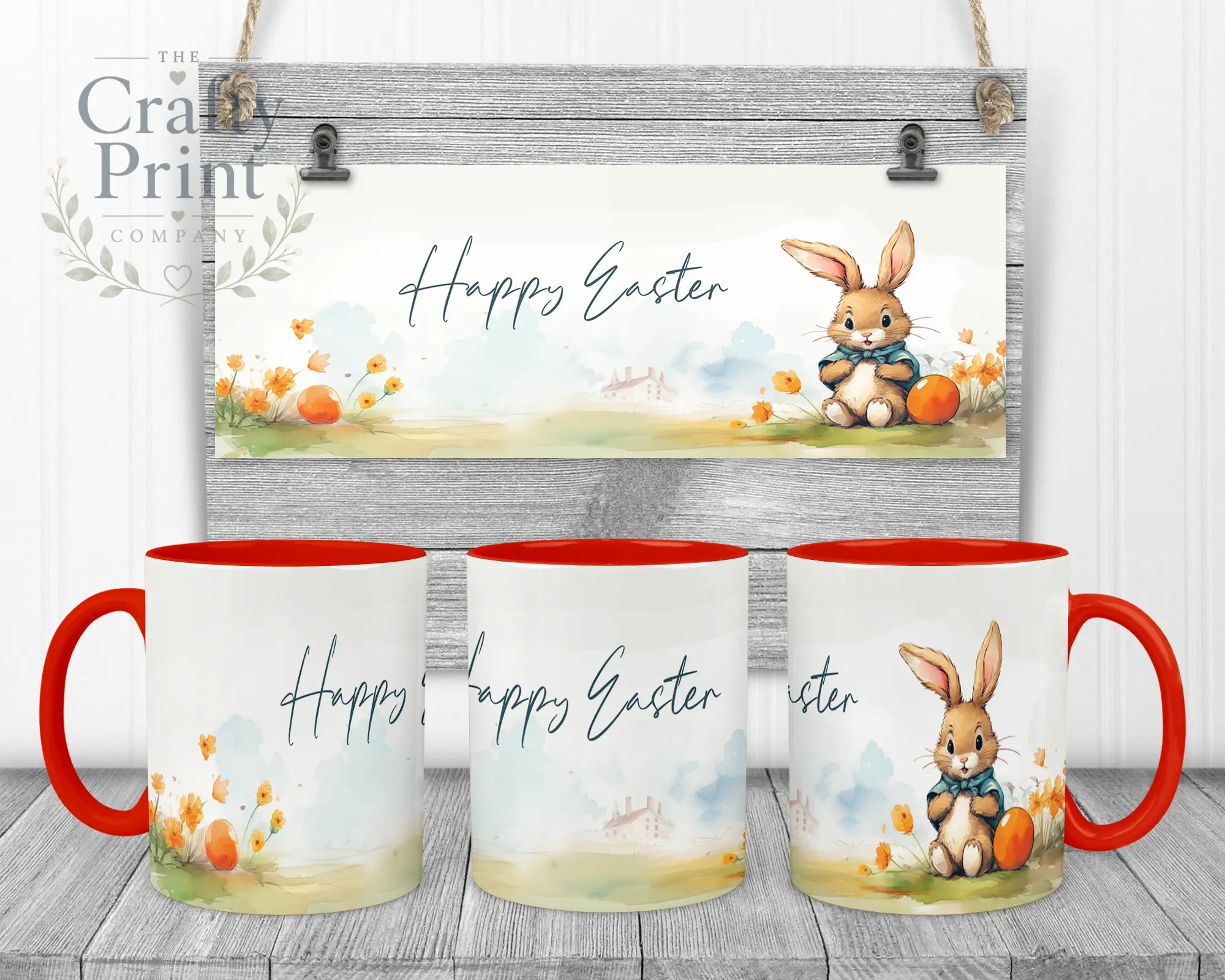 Happy Easter Rabbit Mug - Red Handle & Inner - Mugs