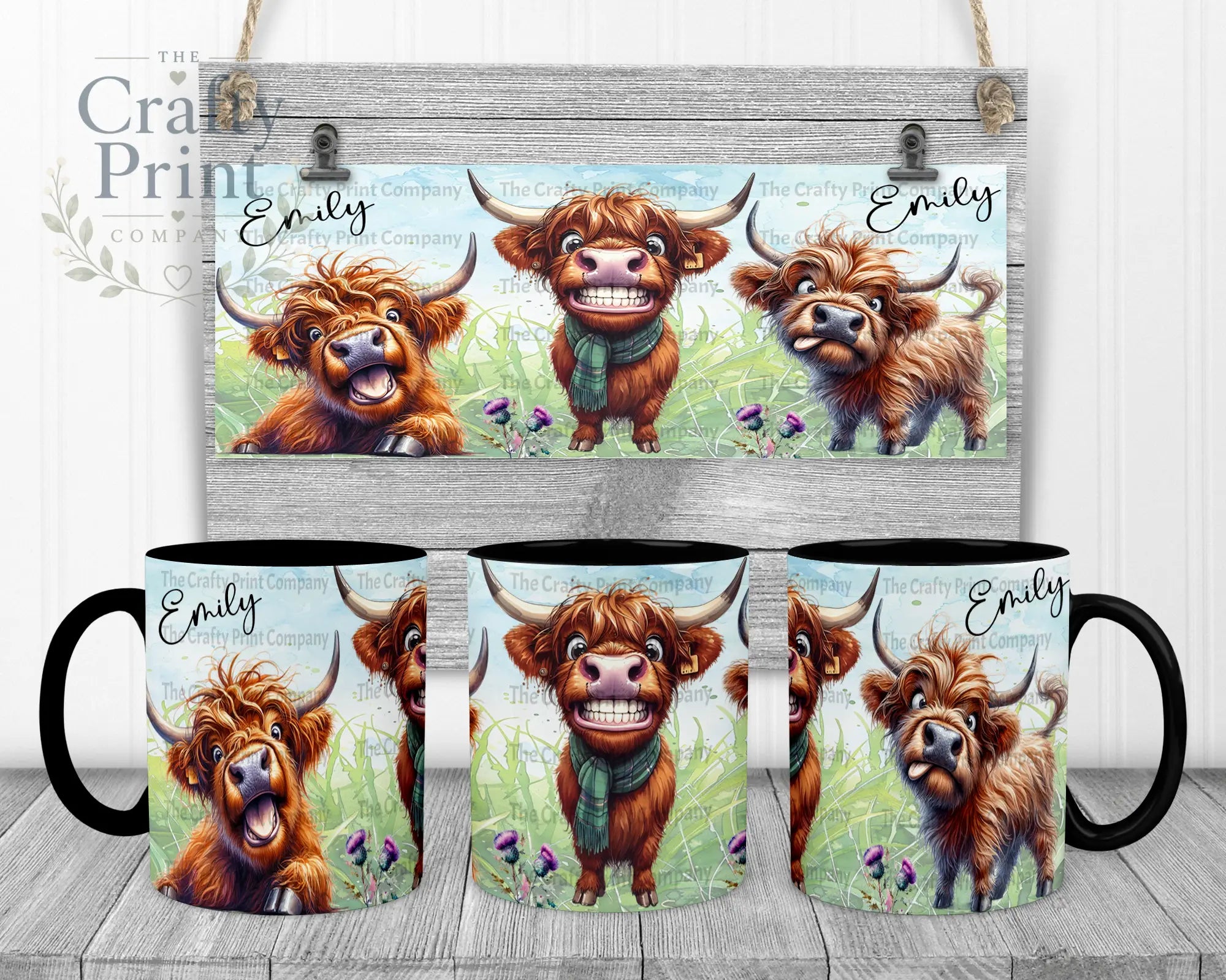 Highland Cow Funny Faces Mug - Black Handle & Inner - Mugs