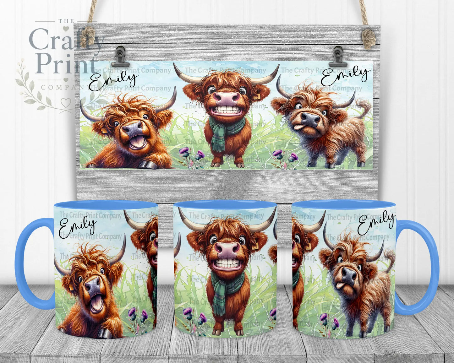 Highland Cow Funny Faces Mug - Blue Handle & Inner - Mugs