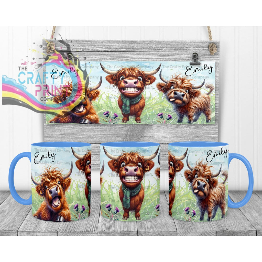 Highland Cow Funny Faces Mug - Blue Handle & Inner Mugs