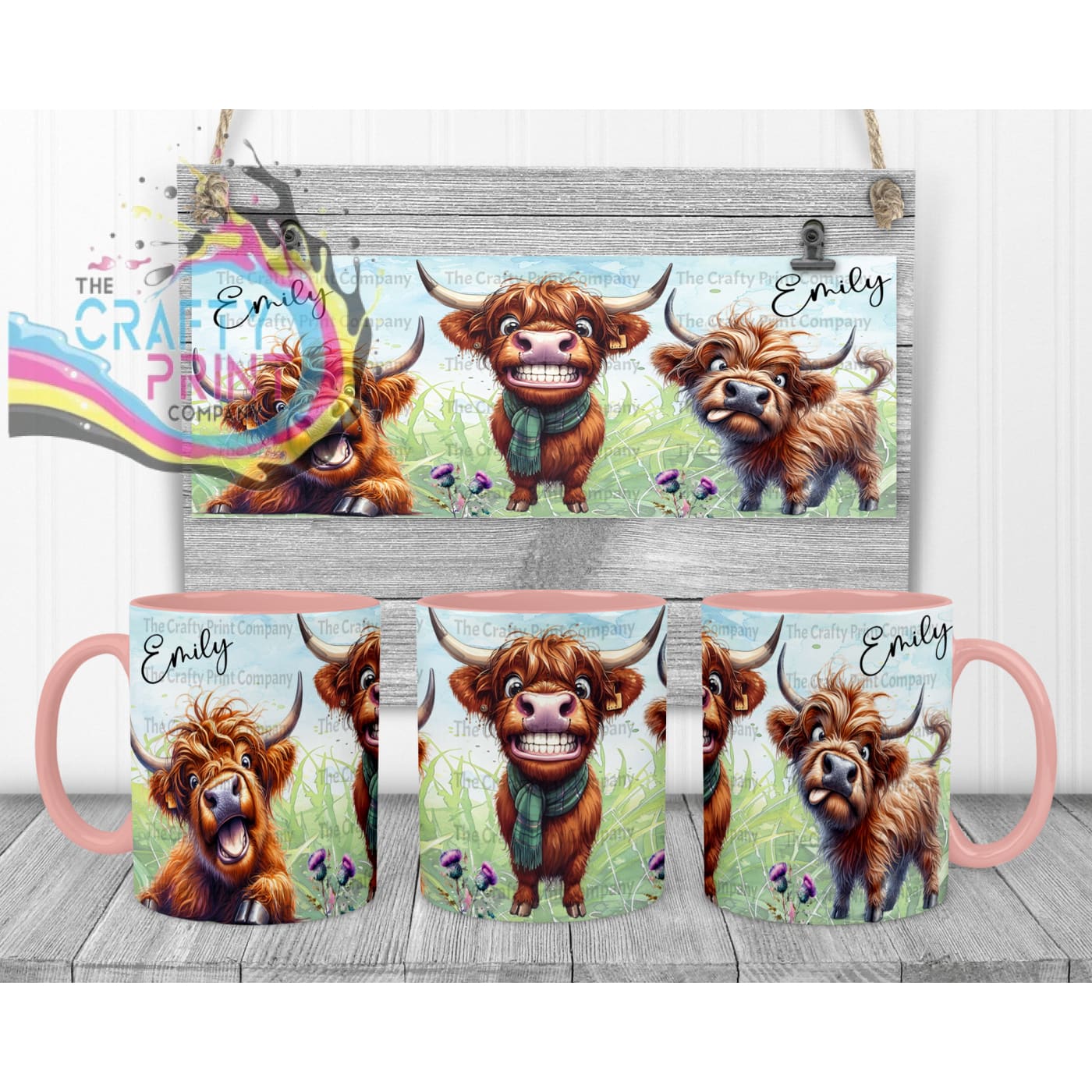 Highland Cow Funny Faces Mug - Pink Handle & Inner - Mugs