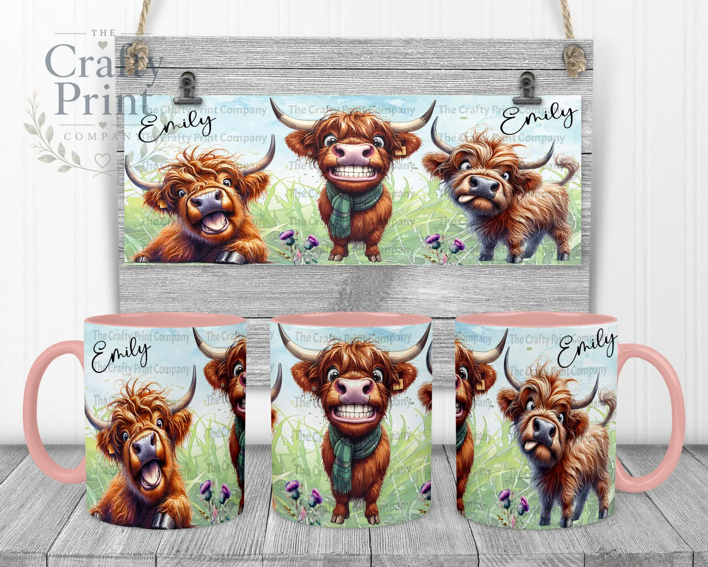 Highland Cow Funny Faces Mug - Pink Handle & Inner - Mugs