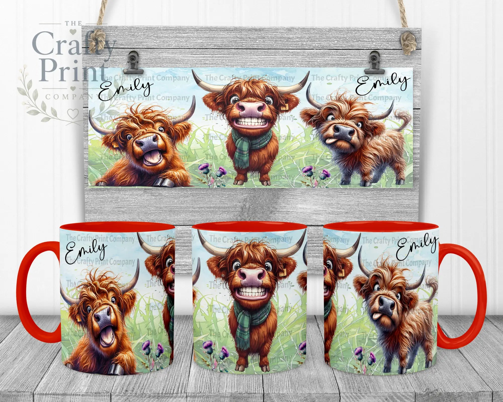 Highland Cow Funny Faces Mug - Red Handle & Inner - Mugs
