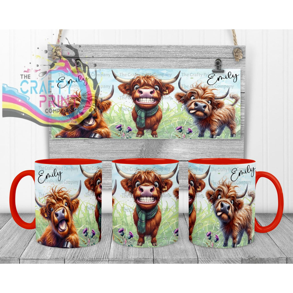 Highland Cow Funny Faces Mug - Red Handle & Inner - Mugs